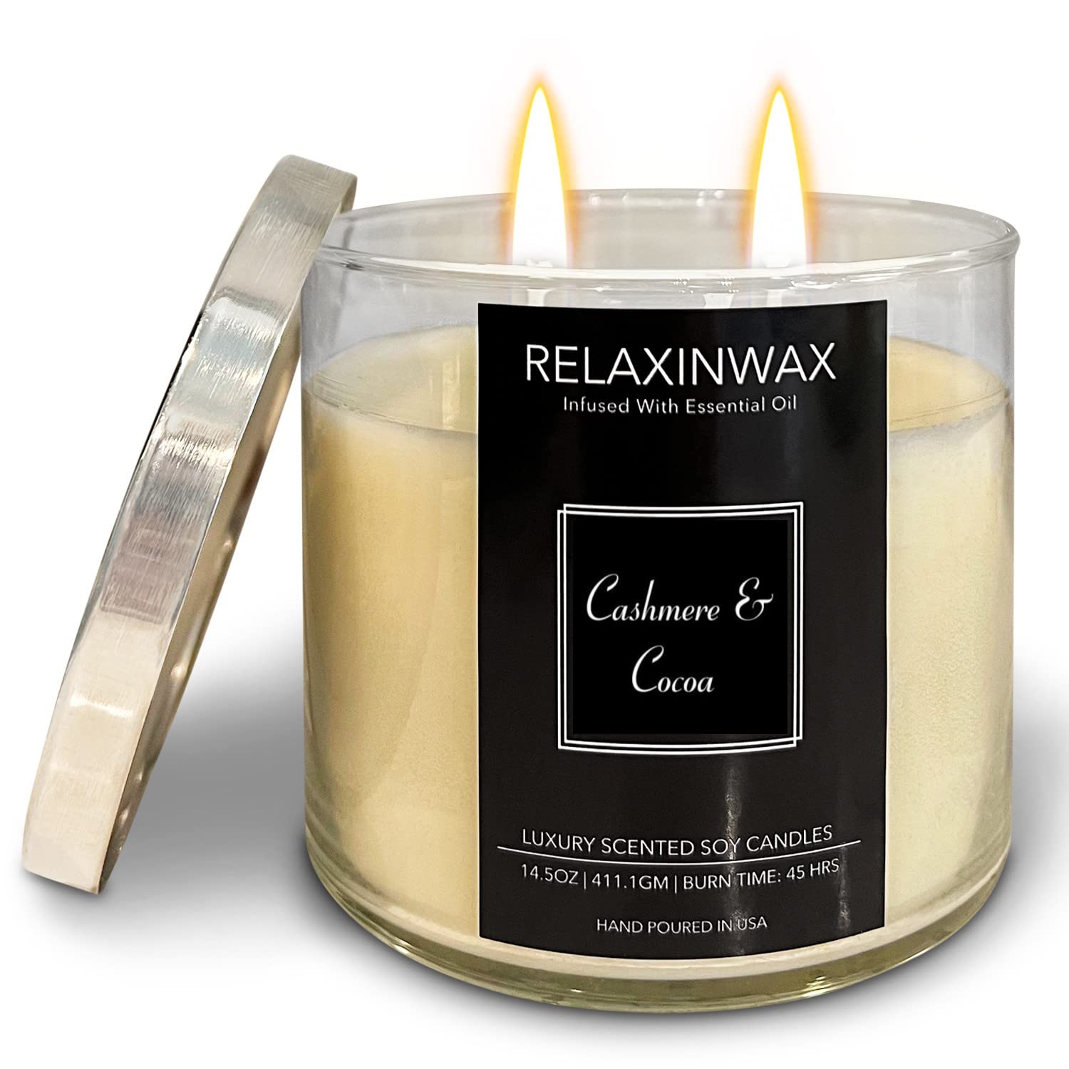 Relaxinwax 3-Wick Scented Soy Candle with Essential Oils - 14.5 oz Cashmere & Cocoa Luxury Candle Collection (Highly Fragrant, Long Lasting) - Perfect for Home, Spa, Yoga, Meditation & Romantic Ambiance