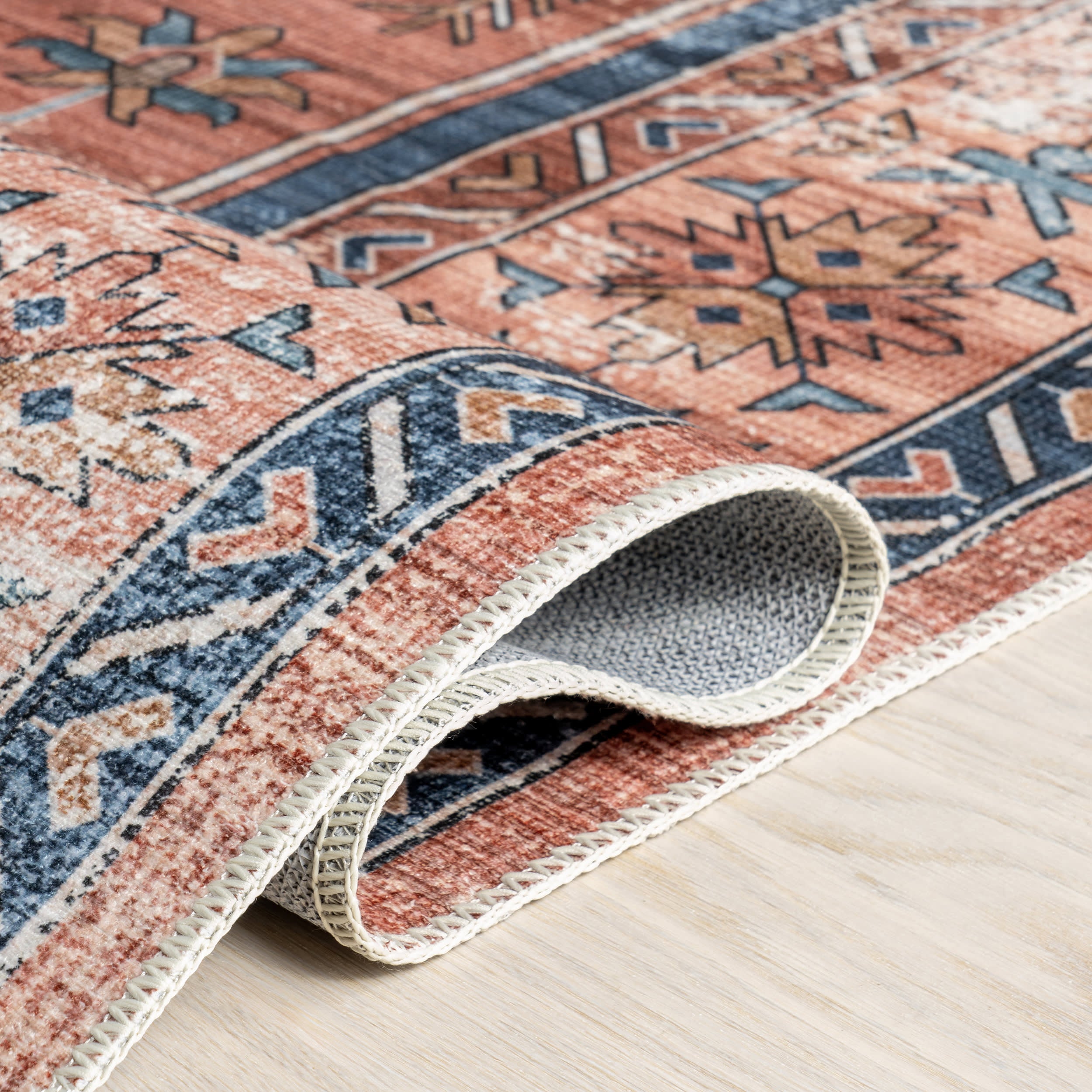 Spill Proof Washable Persian Rug with Daisy Pattern in Brick Color – Perfect for Living Room, Bedroom, and High-Traffic Areas