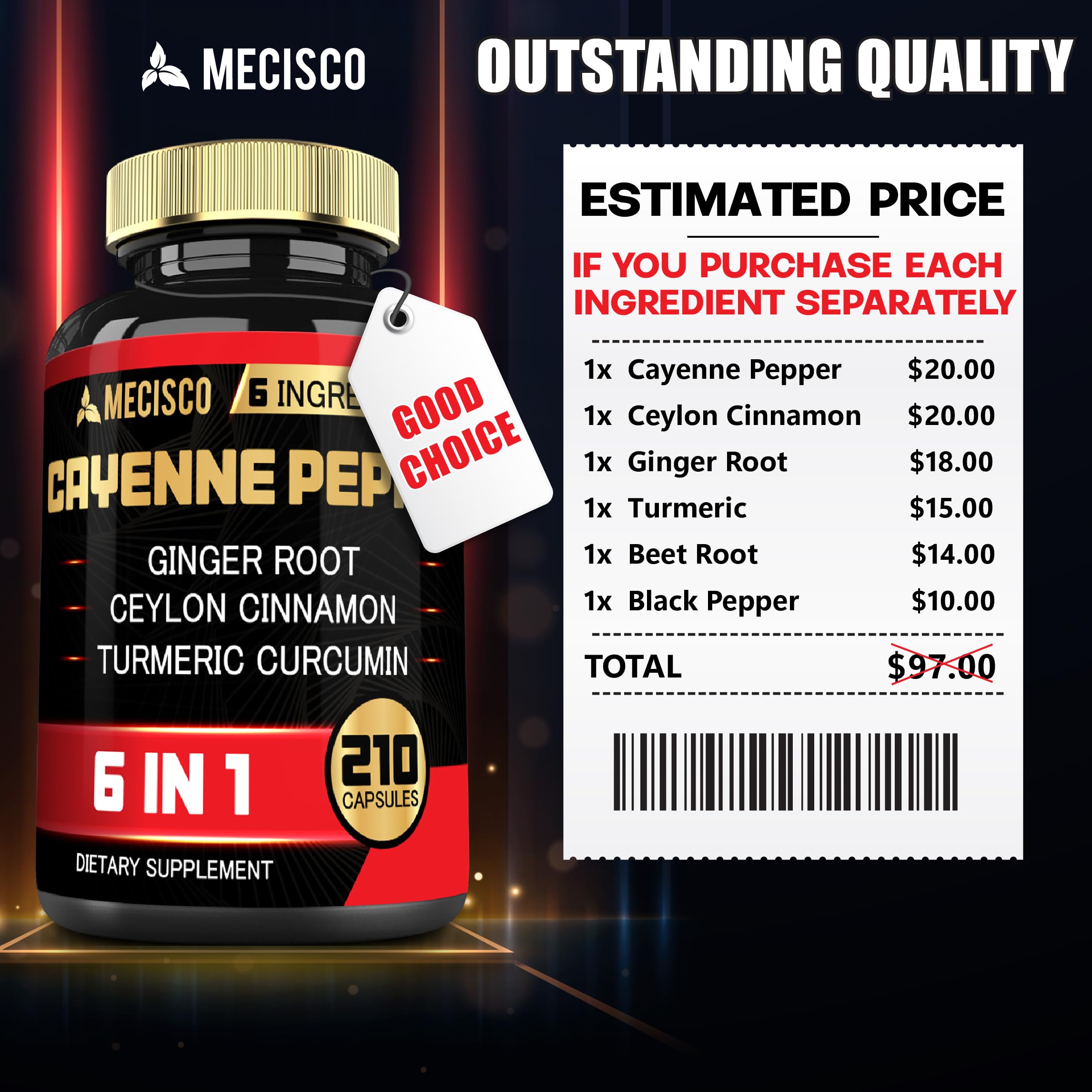6-in-1 Cayenne Pepper Extract Capsules with Organic Turmeric Curcumin, Black Pepper & Ginger - Supports Digestion, Heart Health, Immunity & Joint Function - 210 Vegan Capsules - Perfect for Daily Wellness & Active Lifestyle