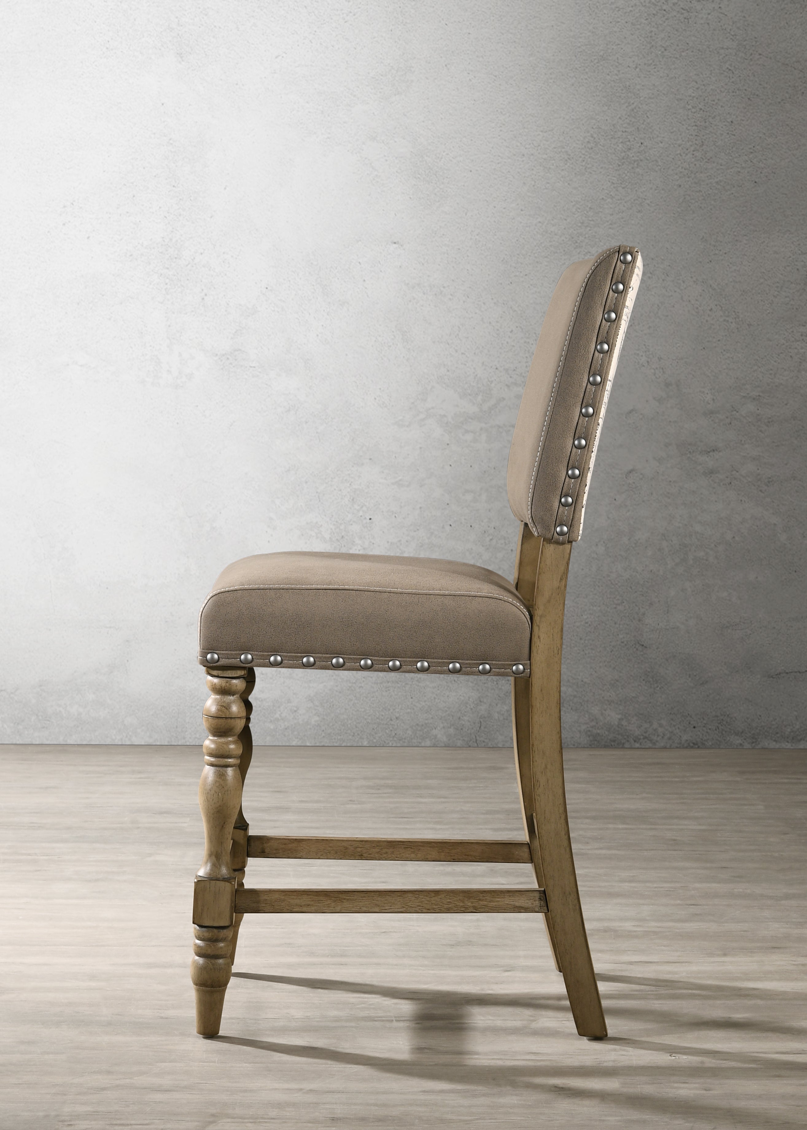 Roundhill Furniture Birmingham Script Printed Driftwood Finish Counter Height Dining Chairs with Nailhead Trim - Set of 2 - Perfect for Kitchen Islands, Breakfast Bars & Small Space Dining