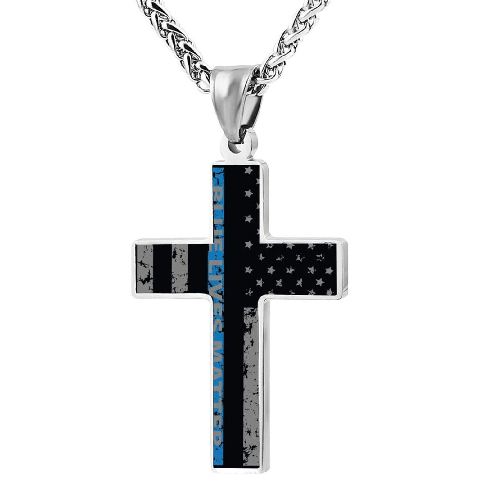 Thin Blue Line Flag Jewelry - Zinc Alloy Cross Pendant Necklace for Men & Women - Police Support Chain with Adjustable Length - Perfect for Law Enforcement Appreciation, Everyday Wear & Patriotic Gifts