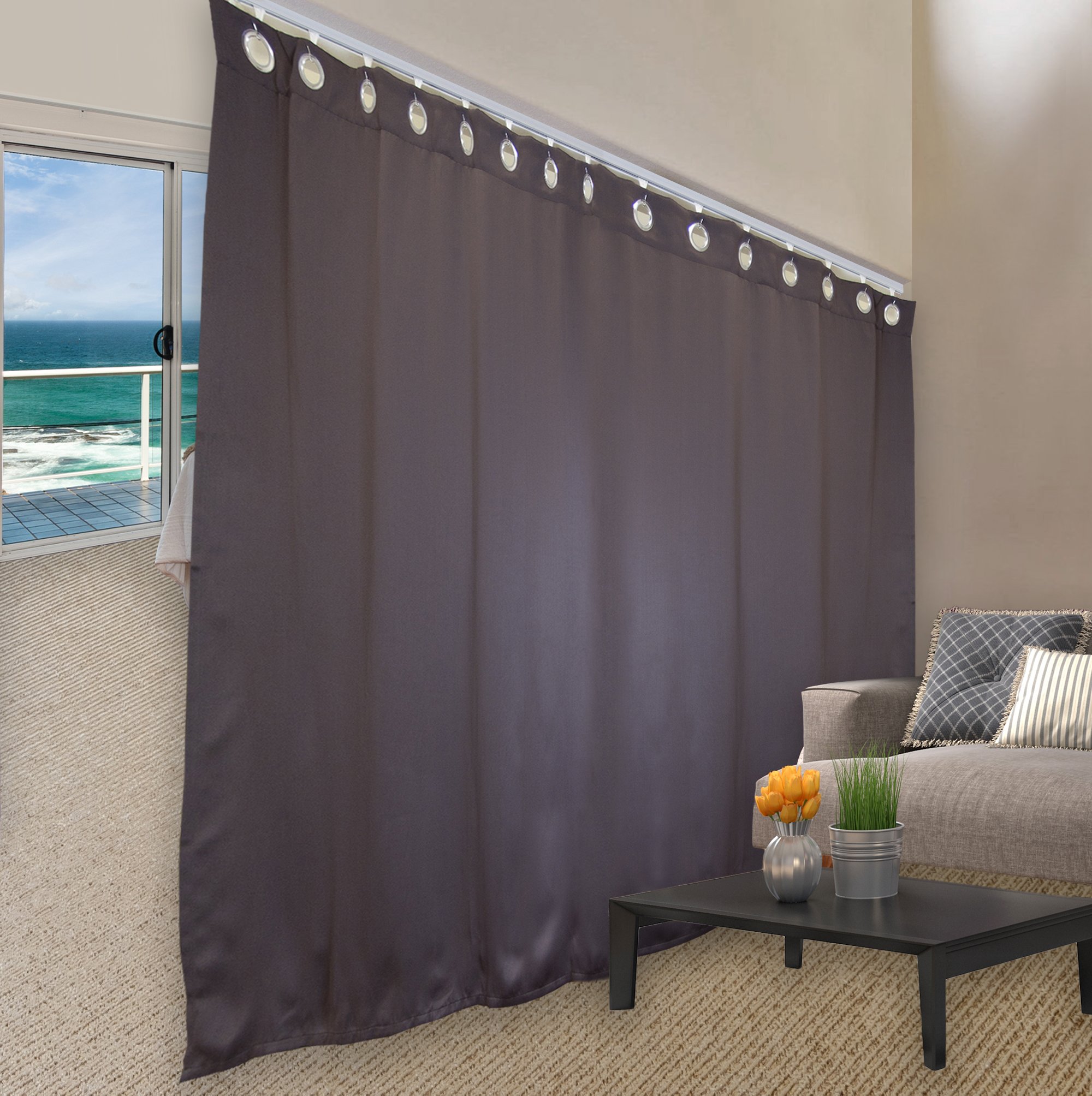Ceiling Track Room Divider with Curtain Set - 8ft Height x 24-30ft Width, Chocolate Brown - Perfect for Open Floor Plans, Studio Apartments & Office Partitions