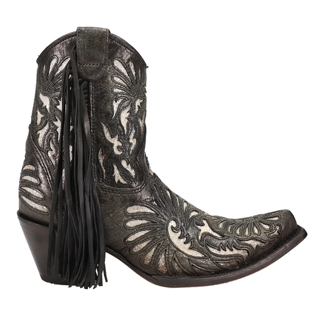 Women's Corral Boots - Tooled Inlay & Fringe Snip Toe Ankle Boots with 3