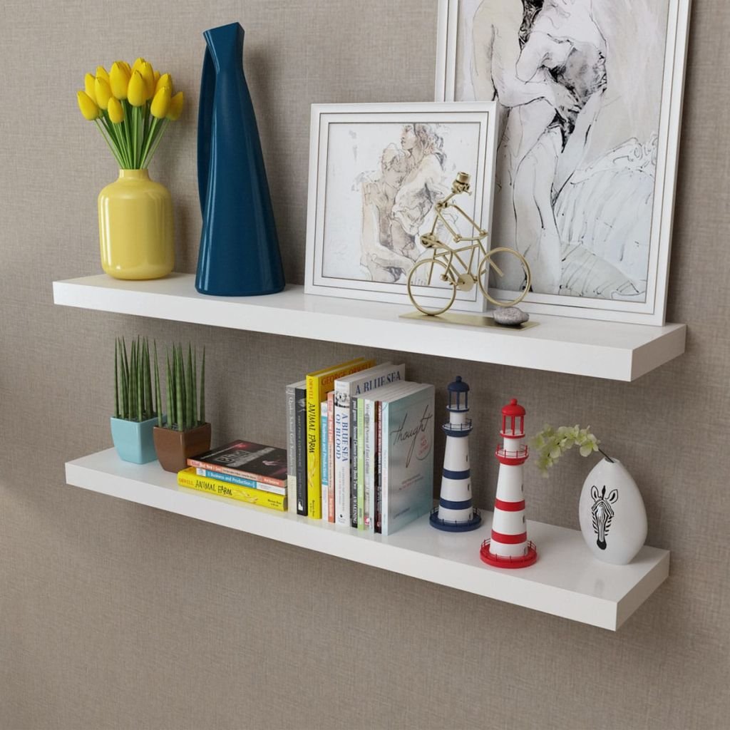 Festnight Set of 2 Floating Wall Shelves - Modern MDF Wall Mounted Display Shelf for Books, DVDs, Collectibles - White Home Office & Living Room Decor (39