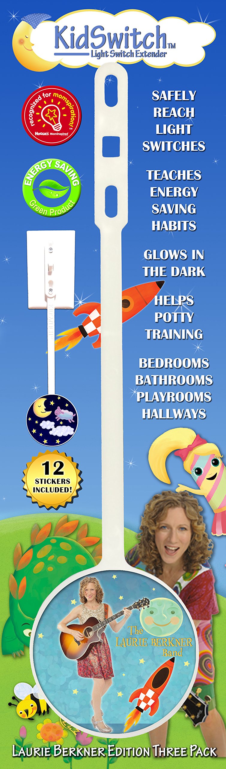 KidSwitch Light Switch Extender for Toddlers - Laurie Berkner Edition (3-Pack) with 12 Themed Wall Decals - Multi-Award Winning Child Safety Product - Perfect for Nursery, Playroom & Kids' Bedroom Safety