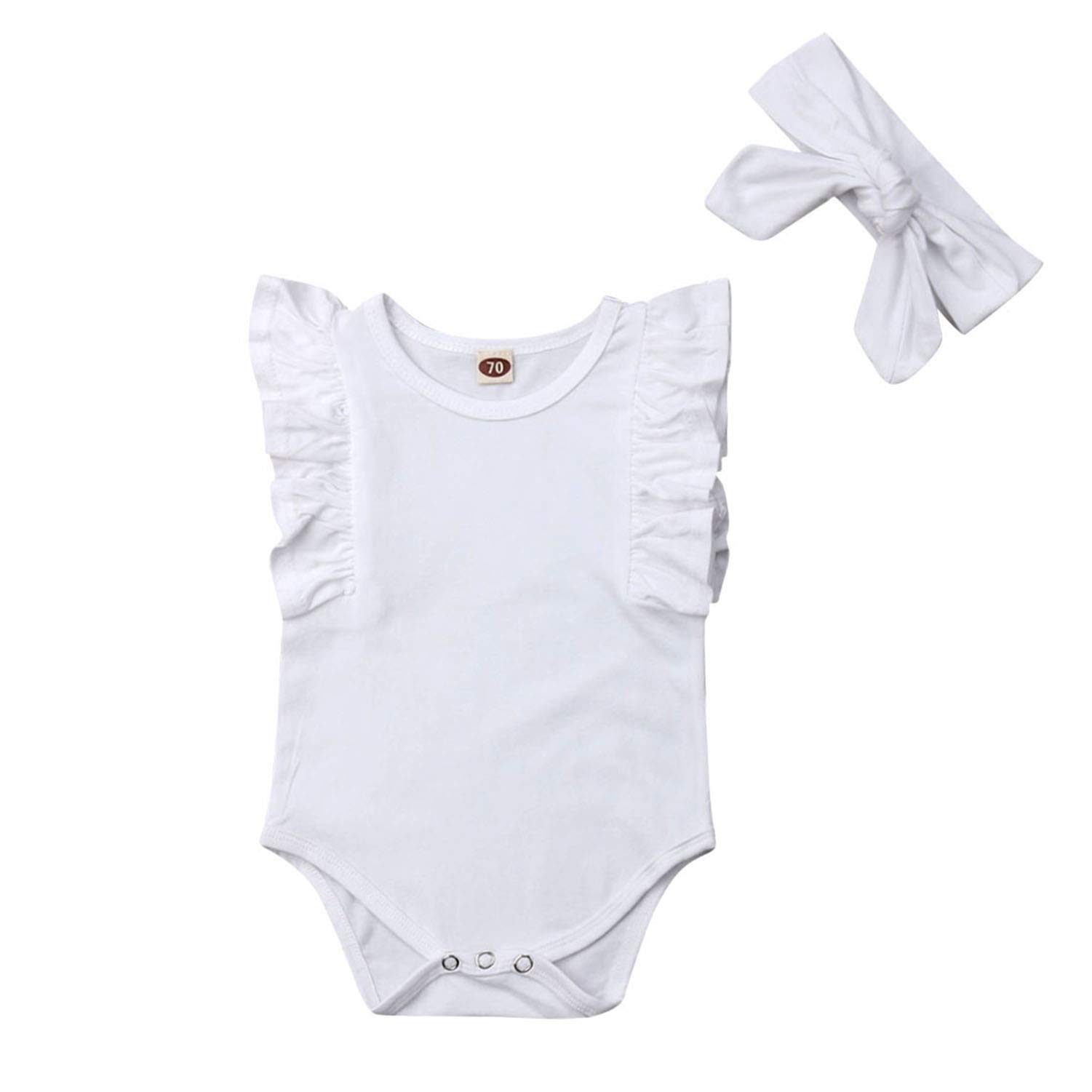 Qiylii Newborn Baby Girls Sleeveless Ruffle Romper - Plain Bodysuit Jumpsuit with Headband - Soft Summer Outfit for Photoshoots, Parties & Playtime