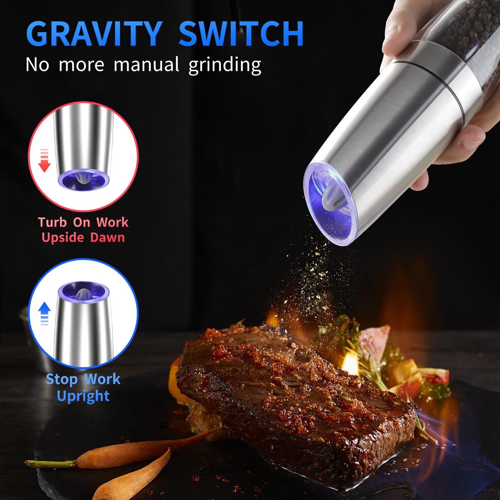 Premium Electric Salt and Pepper Grinder Set - Adjustable Coarseness, Battery Powered with LED Light - Upgraded Large Capacity One-Hand Operation - Perfect for Kitchen, Dining Table & Outdoor Cooking (Silver, 2 Pack)