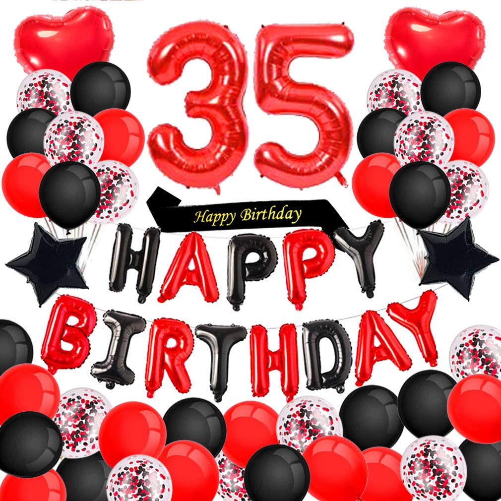 Minhero 35th Birthday Party Decorations - Red & Black Happy Birthday Banner, Number 35 Balloons, Birthday Sash with Latex & Confetti Balloons for Women's Milestone Celebration (35 or 53 Years Old) - Perfect for Adult Birthday Parties, Anniversary Decor & Special Occasions