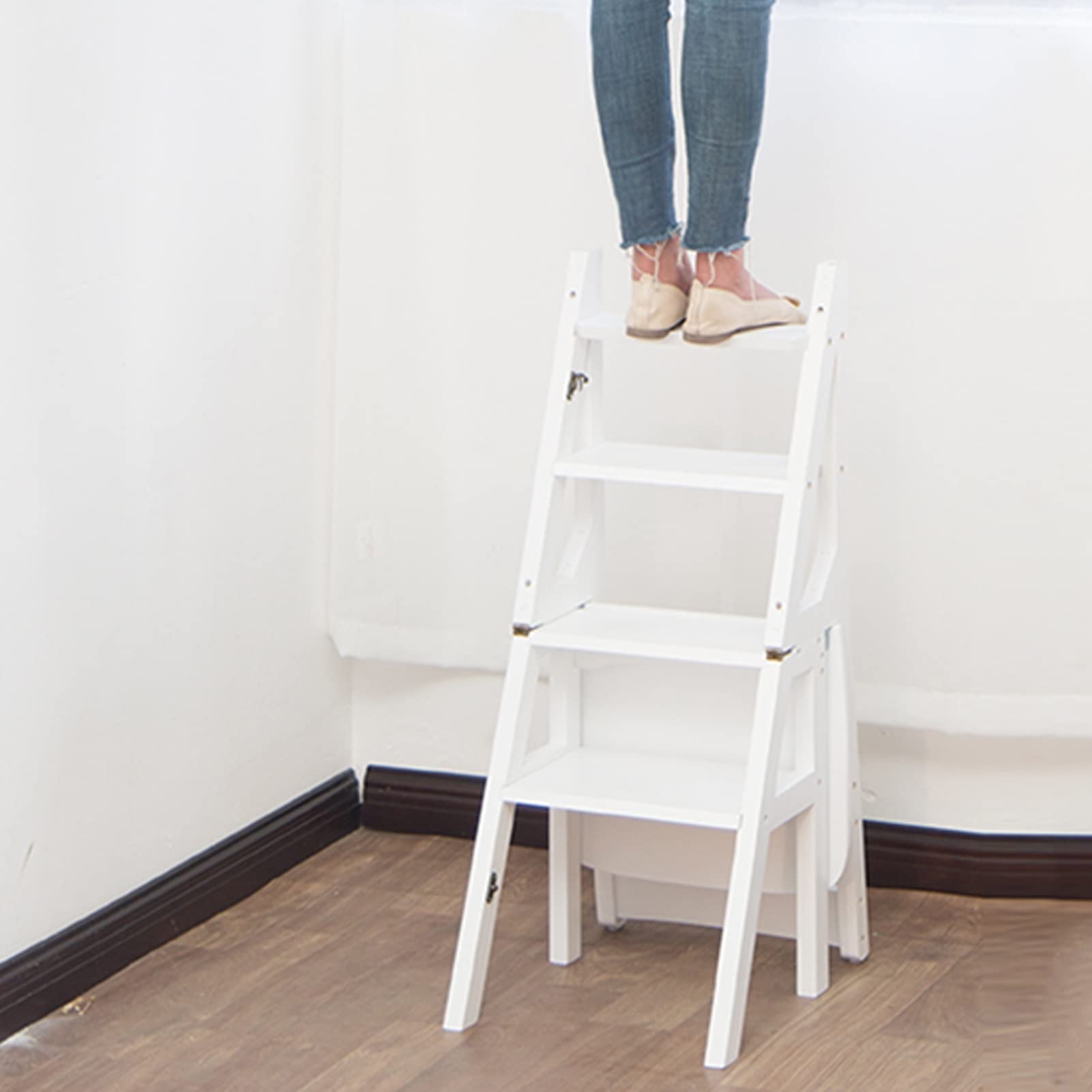 AYVADA 4-Step Folding Step Stool Ladder, Multifunctional Portable Step Stool for Home, Kitchen, Garage, Library - White | Perfect for Reaching High Shelves, Organizing, and Household Tasks