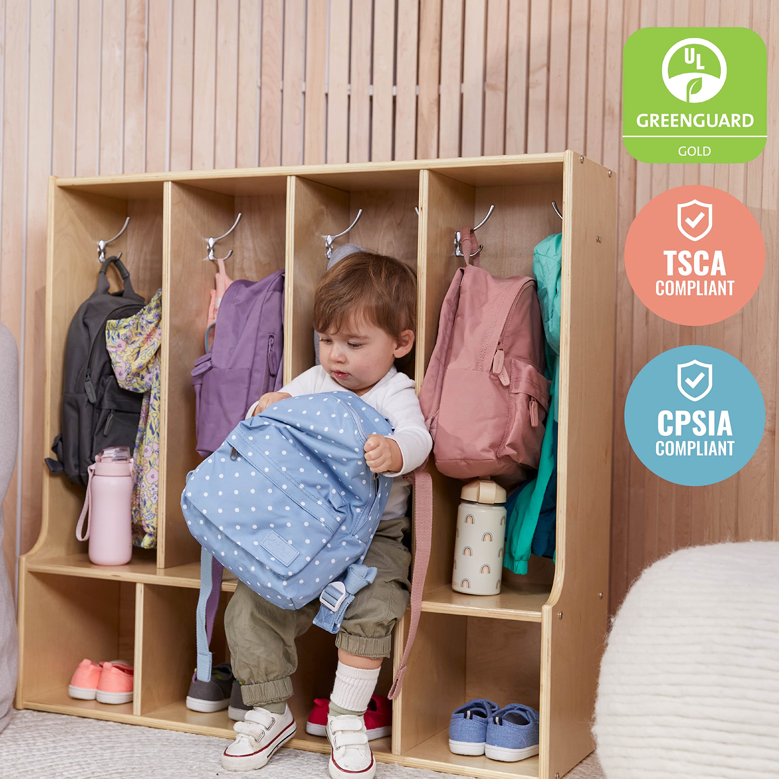 ECR4Kids Streamline 4-Section Coat Locker with Bench - Natural Wood Toddler-Sized Storage Furniture for Daycare, Preschool & Home Entryway Organization