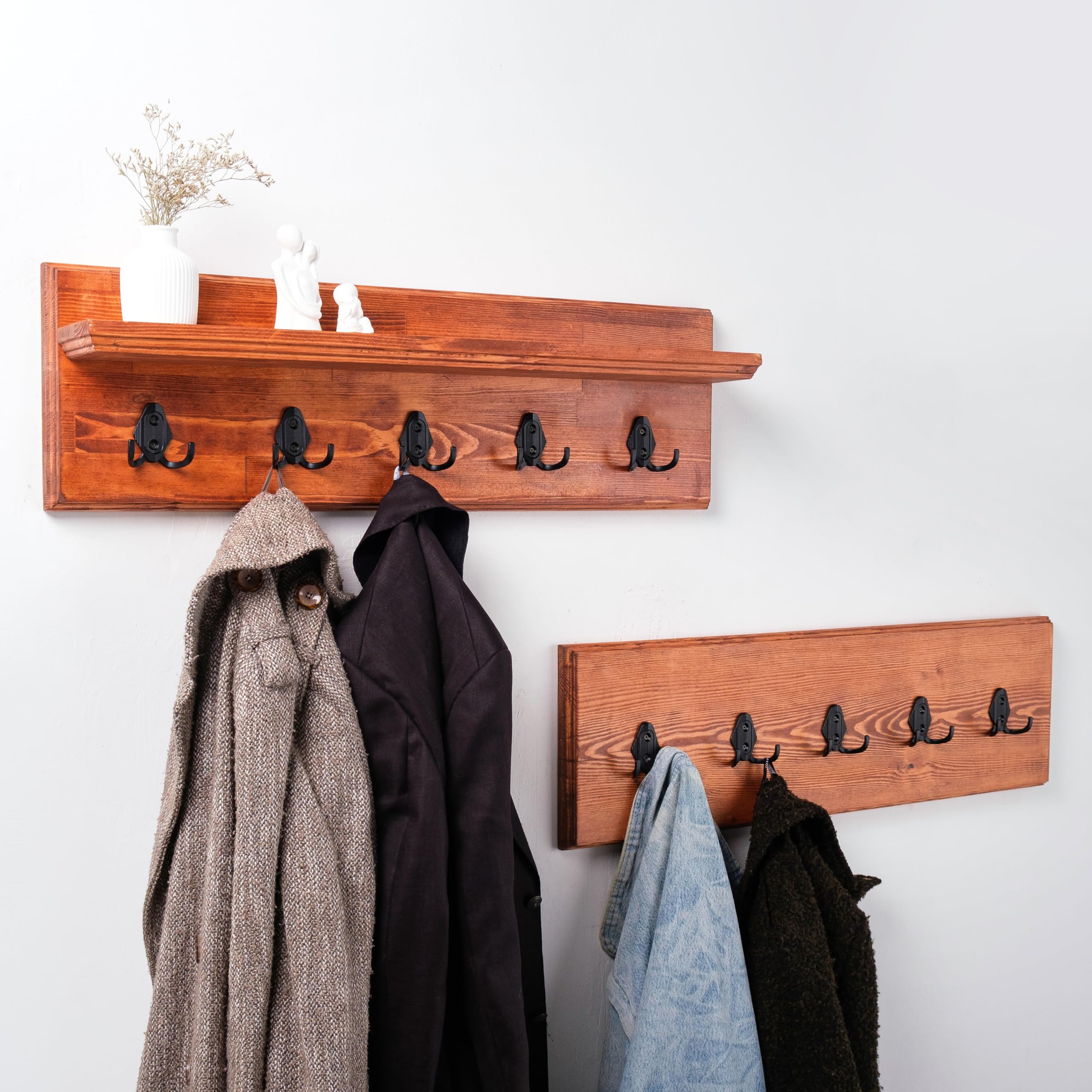 Wall Mounted Coat Rack with Shelf - 48 Inch Rustic Farmhouse Entryway Organizer (Mango Wood) | Towel Rack, Key Holder & Floating Shelf for Hallway, Bedroom or Mudroom Organization