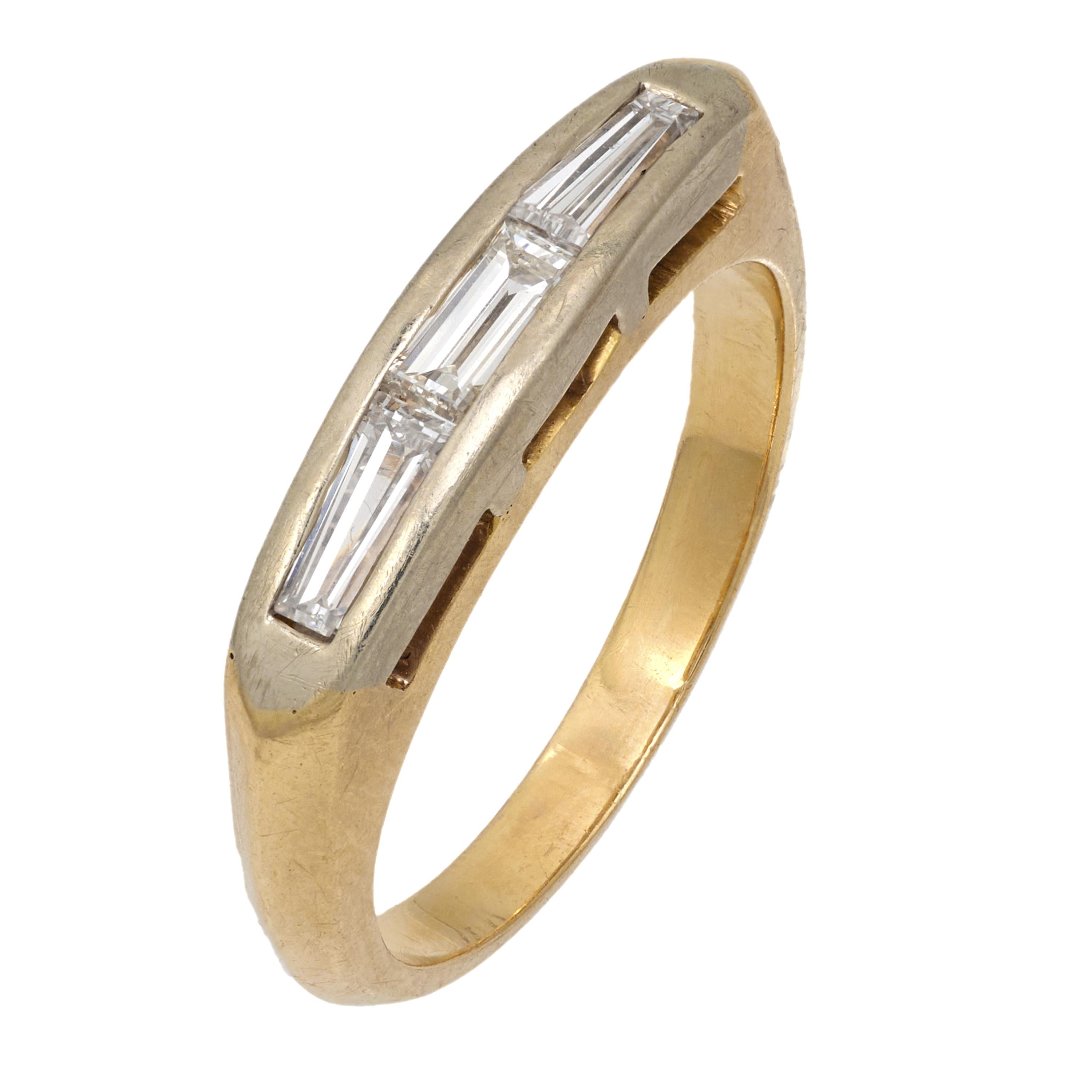 Vintage Mid Century Baguette Diamond 14K Yellow & White Gold Wedding Ring for Women – Perfect for Bridal, Engagement, and Anniversary Gifts