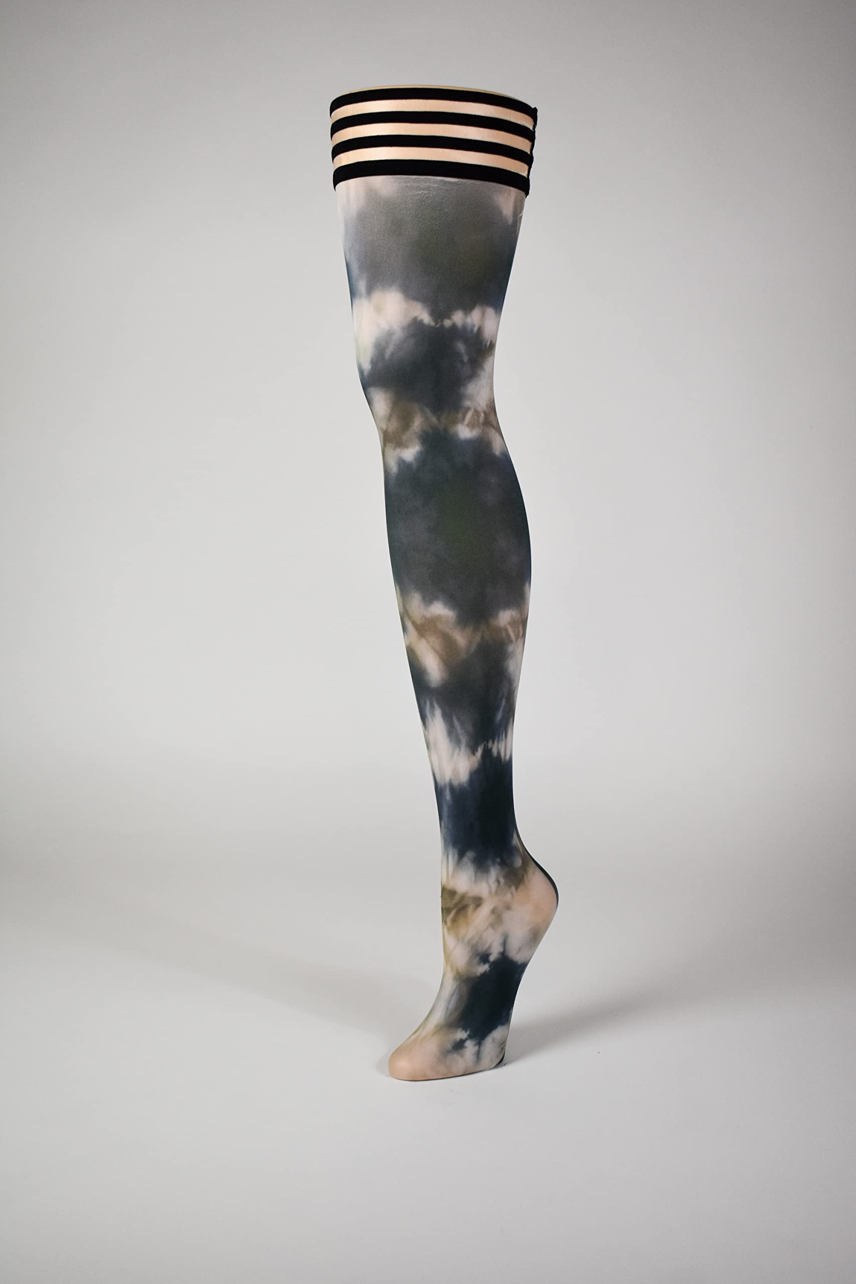 Kix'ies Thigh High Stockings for Women - No Slip Grip Stay Up Thigh Bands | Sexy Lingerie & Hosiery in Mackenzie Black Tan Tie Dye (1329D) | Perfect for Date Night, Office Wear & Special Occasions