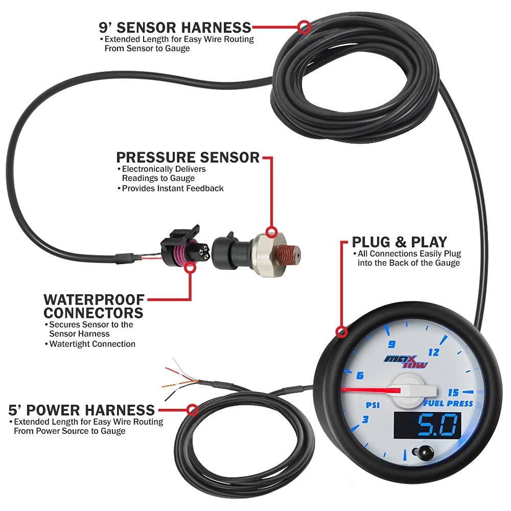 MaxTow Double Vision 15 PSI Fuel Pressure Gauge Kit with Electronic Sensor - White Face & Blue LED Dial - 52mm Analog/Digital Gauge for Trucks, Cars & Performance Vehicles - Engine Monitoring & Diagnostics Tool
