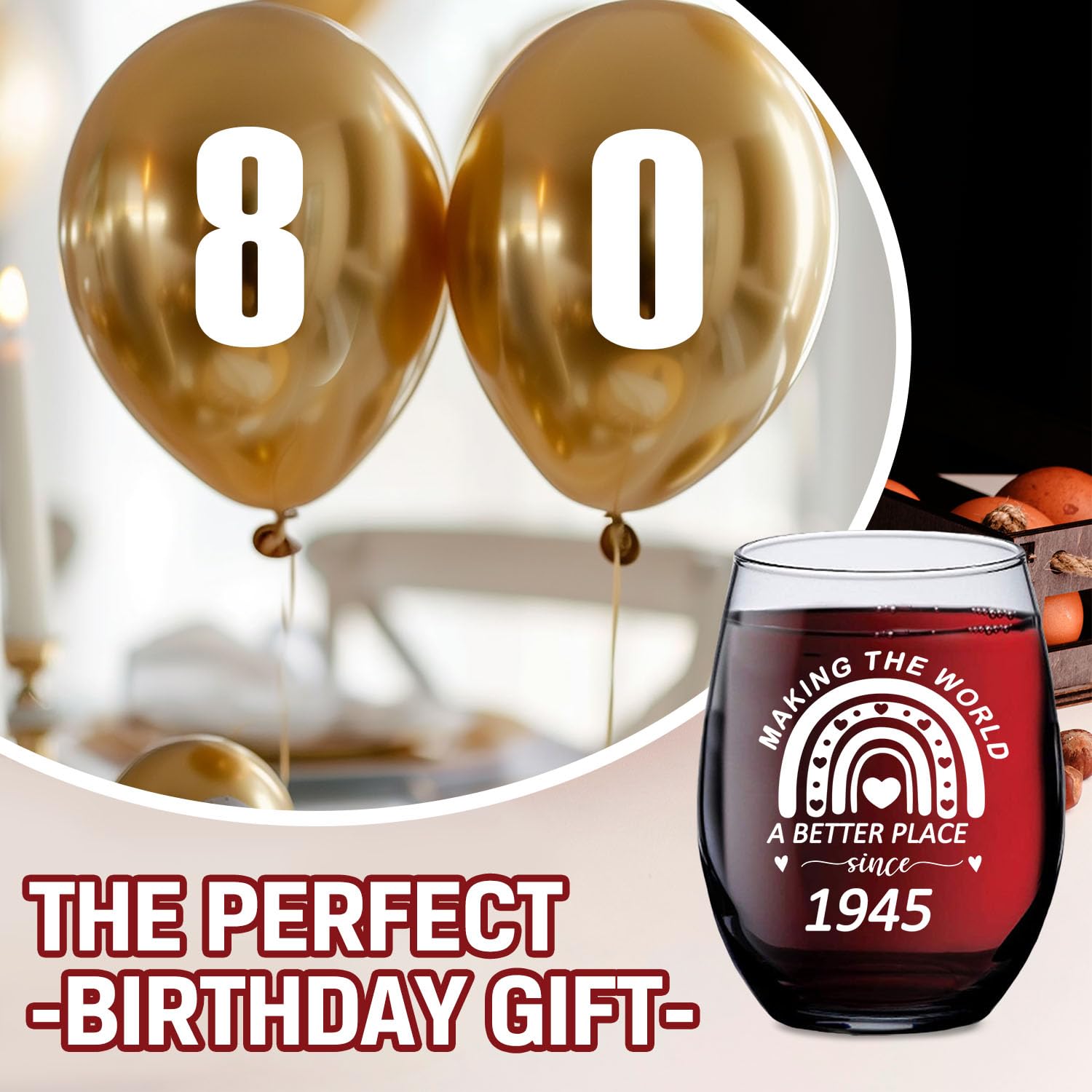 **Vintage 1945 Boho Stemless Wine Glass - 15 oz Funny 80th Birthday Gift for Women, Unique 80 Year Old Birthday Present - Perfect for Celebrations, Parties & Retro-Themed Gatherings**