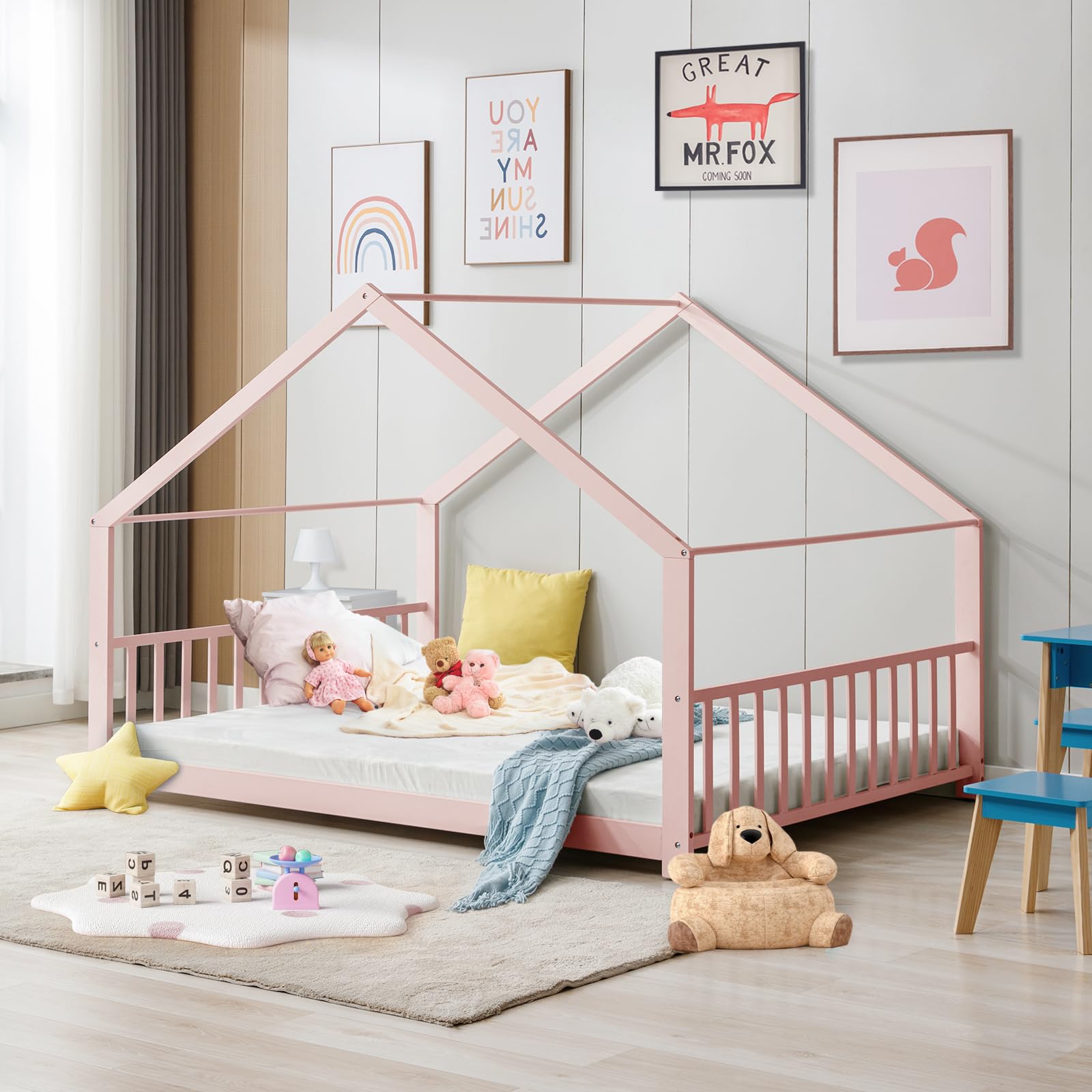 Montessori Twin Size Floor Bed with Wooden House Frame & Roof - Pink Kids Bed for Boys & Girls - Perfect for Toddler Bedrooms & Playrooms