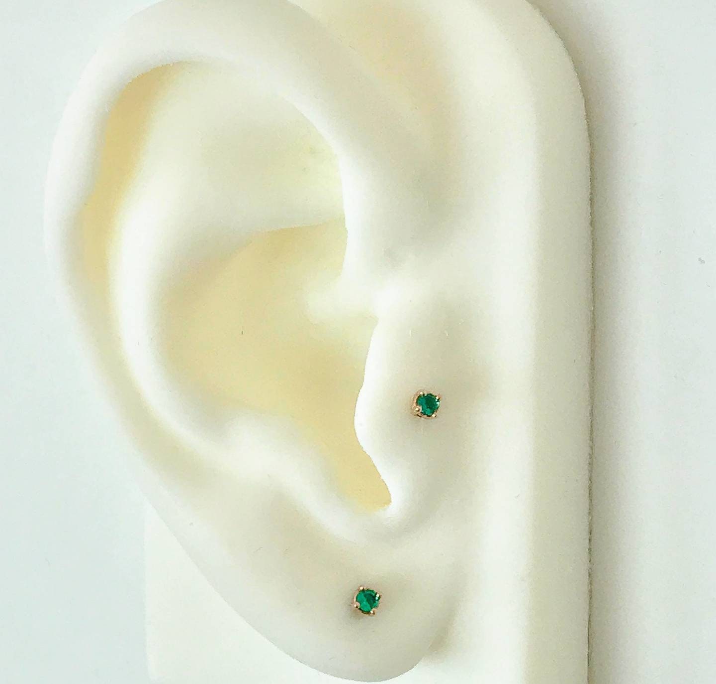 Genuine 2mm & 5mm Round Emerald Stud Earrings in Solid Sterling Silver or 14K Gold - Dainty Tiny Earrings for Kids & Adults - Perfect for Everyday Wear, Gifts & Special Occasions