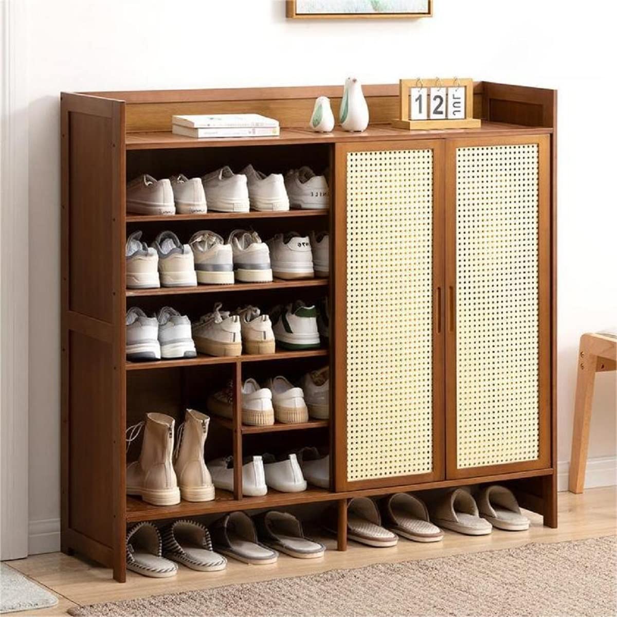 Gdrasuya10 5-Tier Bamboo Shoe Cabinet with Sliding Doors - Space Saving Entryway Shoe Storage Organizer for Heels, Boots & Slippers | Perfect for Small Apartments, Closets & Mudrooms
