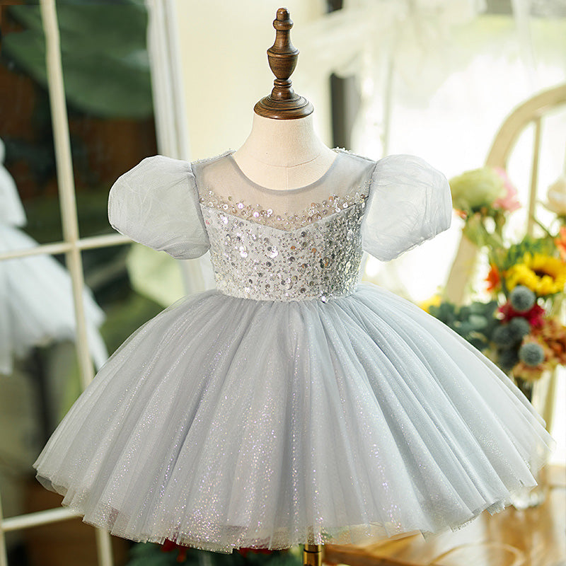 Sparkly Grey Sequin Princess Flower Girl Dress with Round Neck & Puff Sleeves - Perfect for Weddings, Pageants & Special Occasions