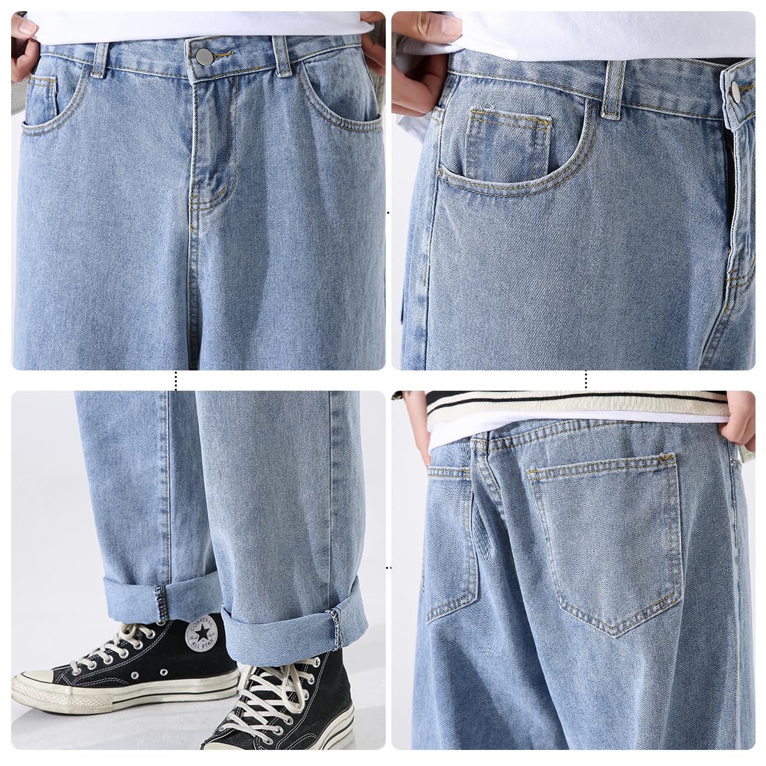 DOSLAVIDA Men's Work Jeans - Casual Hip Hop Cargo Pants, Loose Fit Straight Wide Leg Cotton Denim with Zipper | Durable & Comfortable for Work, Streetwear & Everyday Wear
