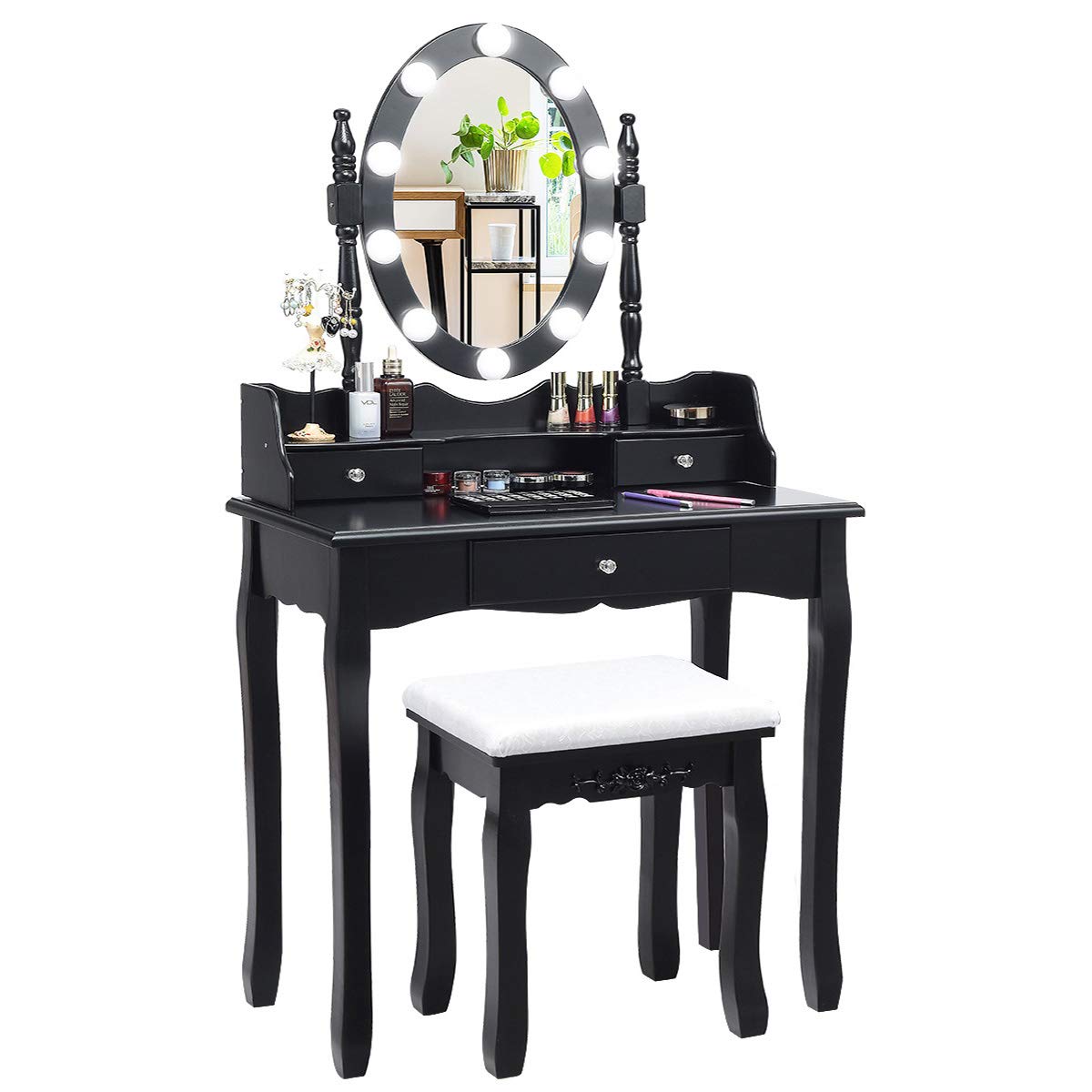 Charmaid Girls Makeup Vanity Desk with LED Lights - Adjustable Brightness & 3 Lighting Modes - Modern Vanity Table with Lighted Mirror, 3 Drawers & Stool - Perfect for Small Spaces & Bedroom Decor (Black)