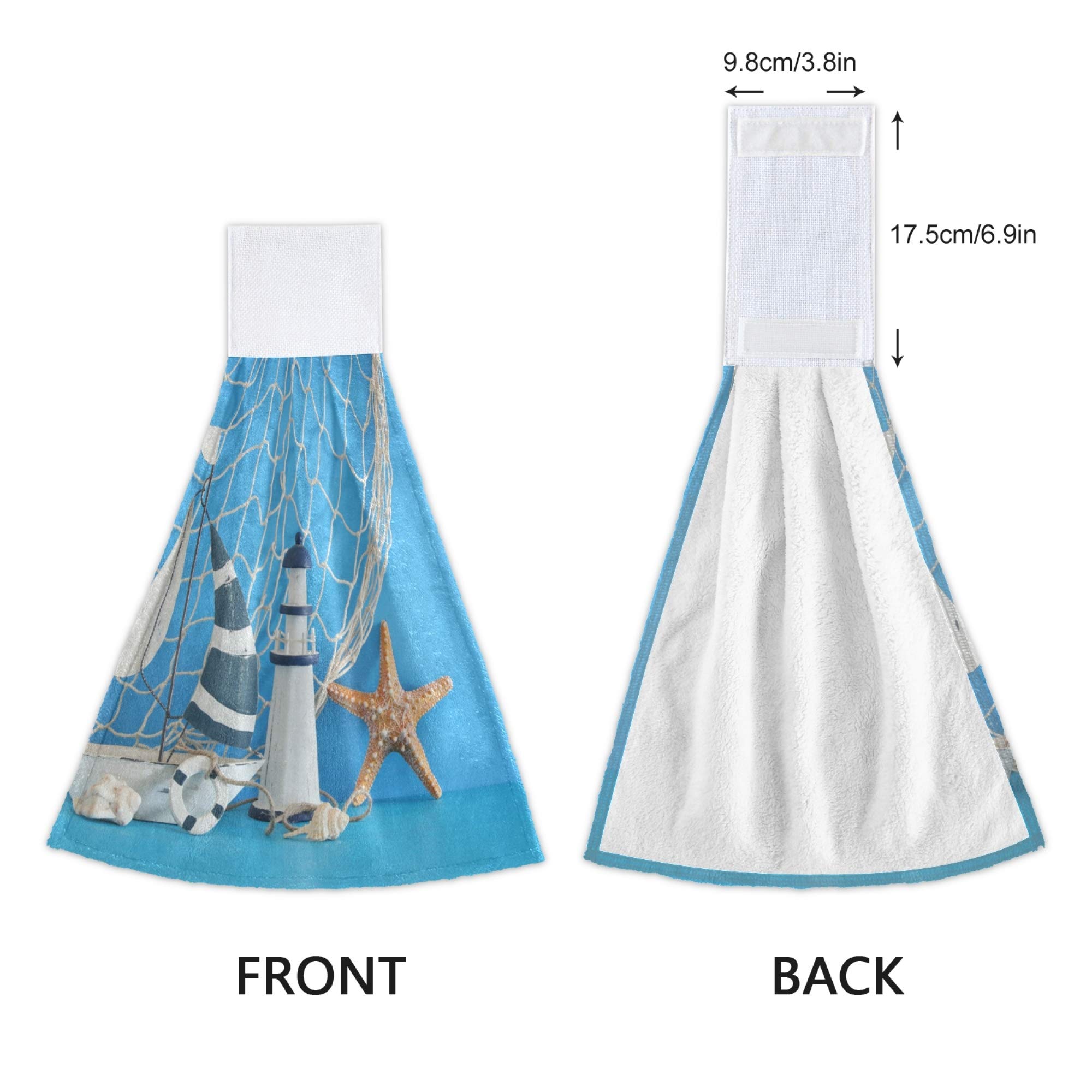 Nautical Theme Decorative Kitchen Hand Towels Set of 2 - Sailboat Lighthouse Starfish Seashells Fishnet Design on Blue Wooden Table - Absorbent Bath & Hand Towels with Hook & Loop for Hanging - Perfect for Coastal Decor, Beach House Kitchen, and Bathroom Accessories
