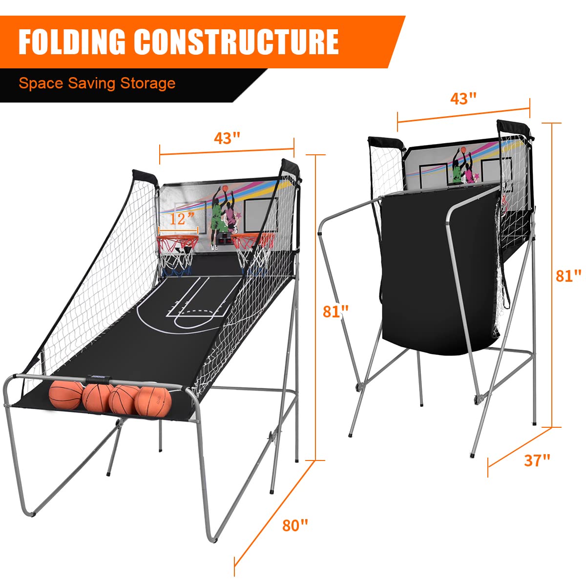 Foldable Electronic Basketball Arcade Game - Double Shot 2 Player with LED Scoring System & 4 Basketballs | Indoor Basketball Game for Kids, Adults, Birthday Parties & Family Game Nights | Perfect for Home Entertainment, Basement Fun & Sports-Themed Events