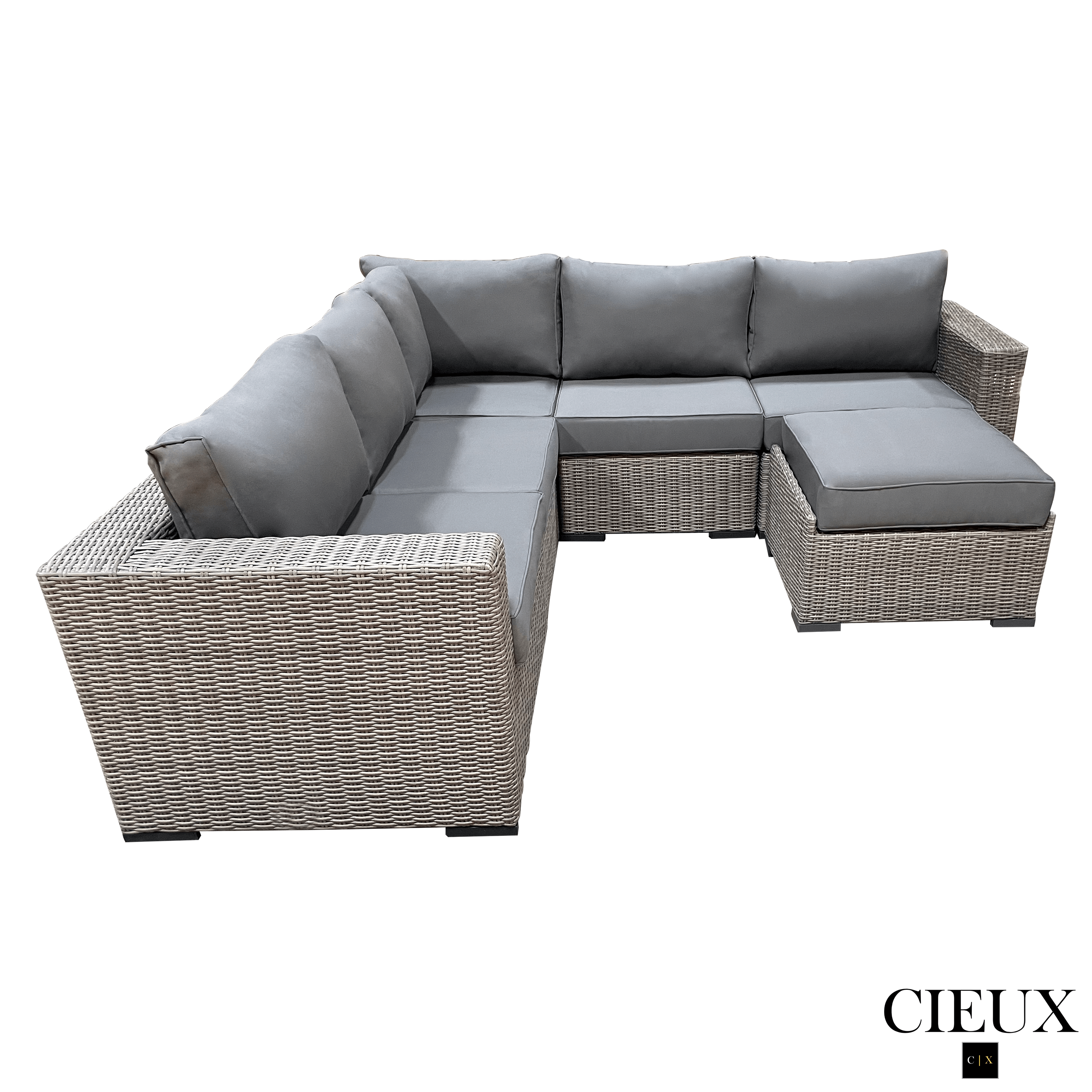 Riviera Outdoor Patio Wicker Corner Sectional Sofa Set with Ottoman - Grey Sunbrella Canvas Charcoal Cushions | Weather-Resistant All-Weather Wicker Furniture for Poolside, Garden & Backyard Relaxation