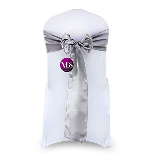 VDS Chair Sashes - 150 Pack Silver Gray Satin Ribbon Bows for Wedding Decorations, Banquet Events & Party Decor - Perfect for Bridal Showers, Reception Chairs and Special Occasions