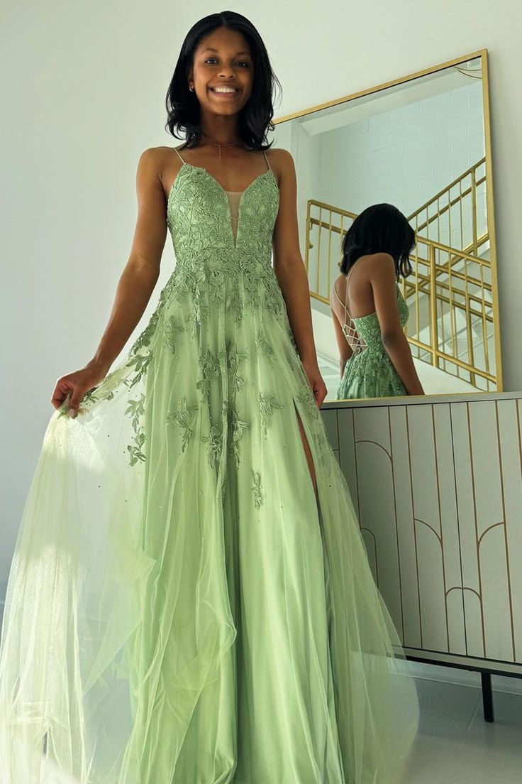 Elegant Green Spaghetti Strap A-Line Long Tulle Prom Dress 2280 | Formal Evening Gown for Homecoming, Quinceañera & Special Occasions