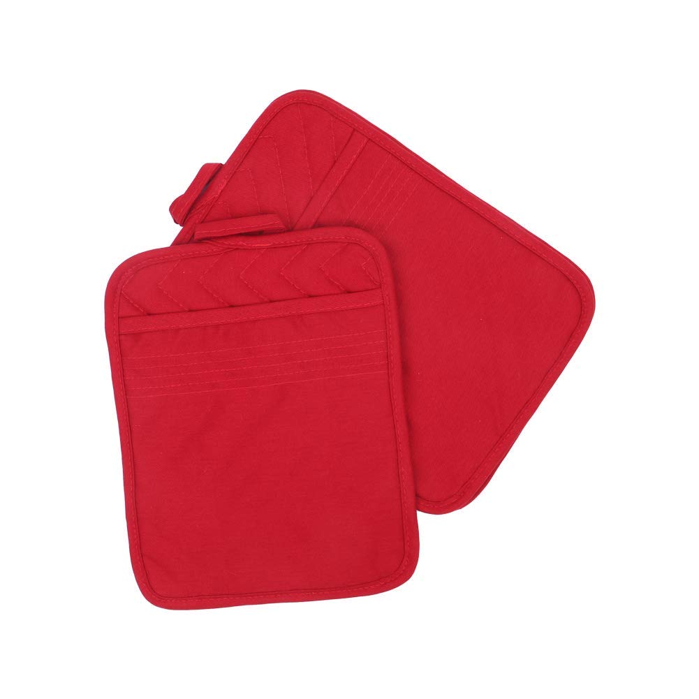 Anyi Heat Resistant Kitchen Pot Holders - Cotton Hot Pads for Counter Table with Pockets (Red) - Perfect for Cooking, Baking, and Handling Hot Dishes Safely