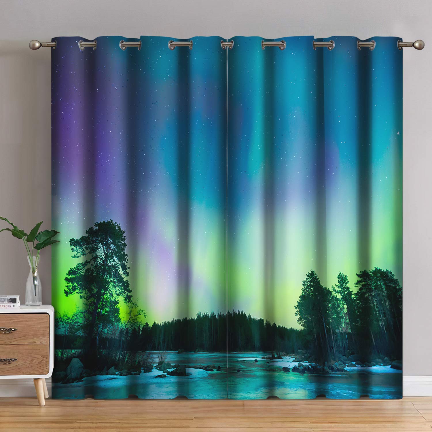 Aurora Blackout Curtains - Northern Lights Print Window Drapes with Grommet Top, 52x84 Inch 2 Panel Set for Bedroom & Living Room | Blocks Light & Noise, Perfect for Shift Workers & Light Sleepers