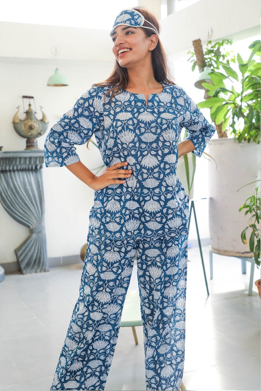 Floral Blue Azofree Handblock Printed Pure Cotton Night Suit for Women | Comfortable Sleepwear Set | Perfect for Lounge Wear, Relaxing at Home & Cozy Nights