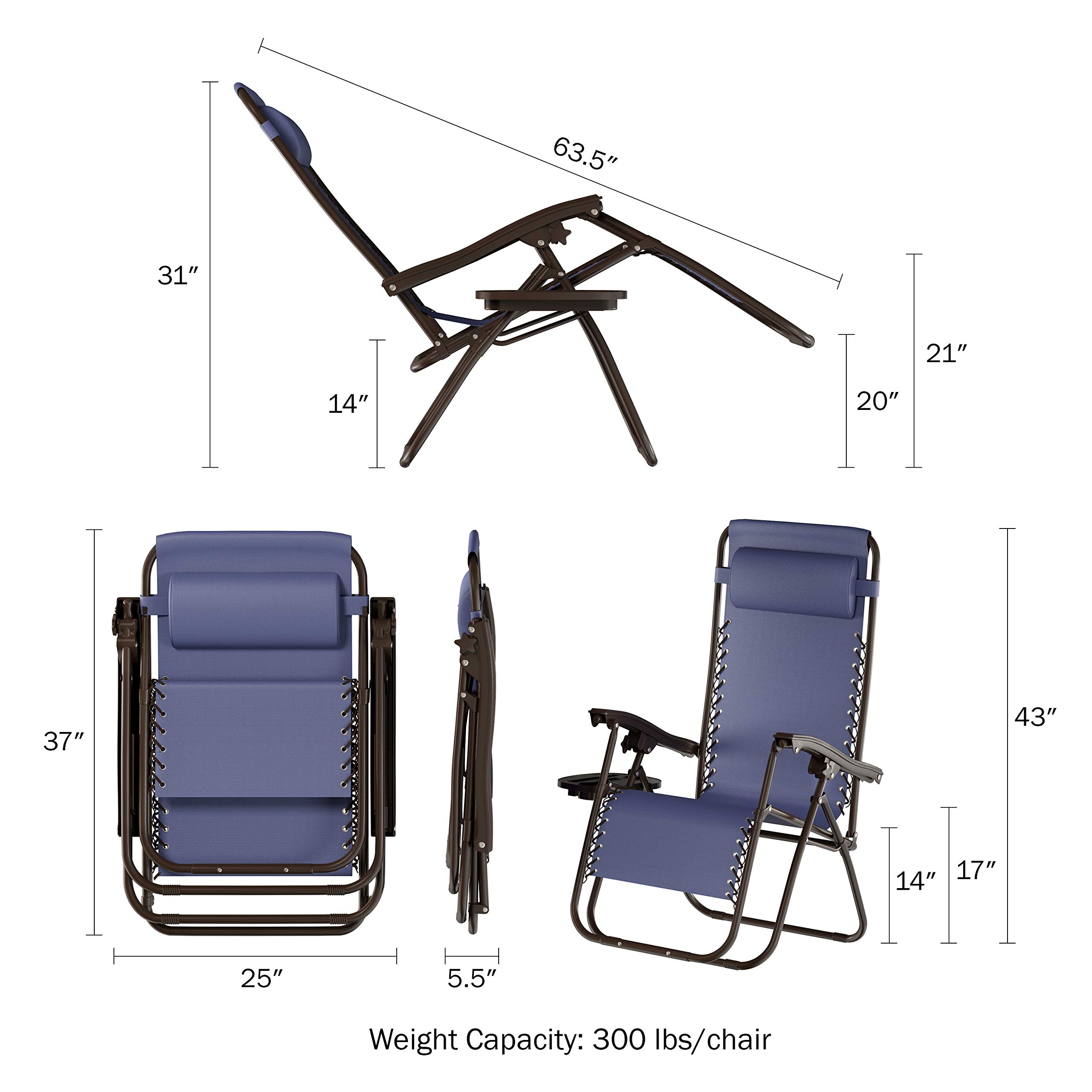 Premium Set of 2 Zero-Gravity Lounge Chairs - Adjustable Folding Outdoor Recliners with Side Table, Cup Holder & Pillow - Perfect for Patio, Poolside, Backyard Relaxation & Camping (Navy Blue)