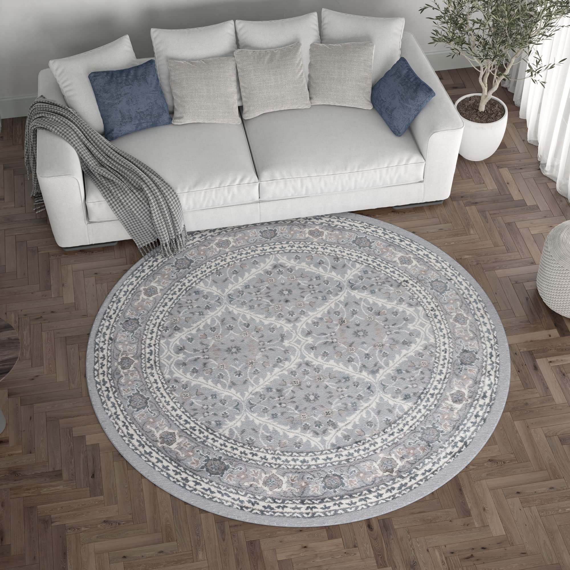 Tayse Gray Modern Large 8ft Round Area Rug - Soft Contemporary Carpet for Living Room, Bedroom, Dining Room & Entryway - Non-Slip Kitchen Rug - Perfect for Home Decor & Family Gatherings