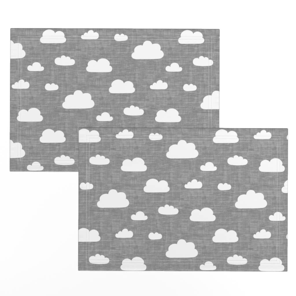 Premium Linen Cotton Canvas Placemats Set of 2 - Gray Clouds Sky & White Nursery Cloud Print Washable Table Mats for Kids, Dining, Kitchen Decor & Baby Shower Gift