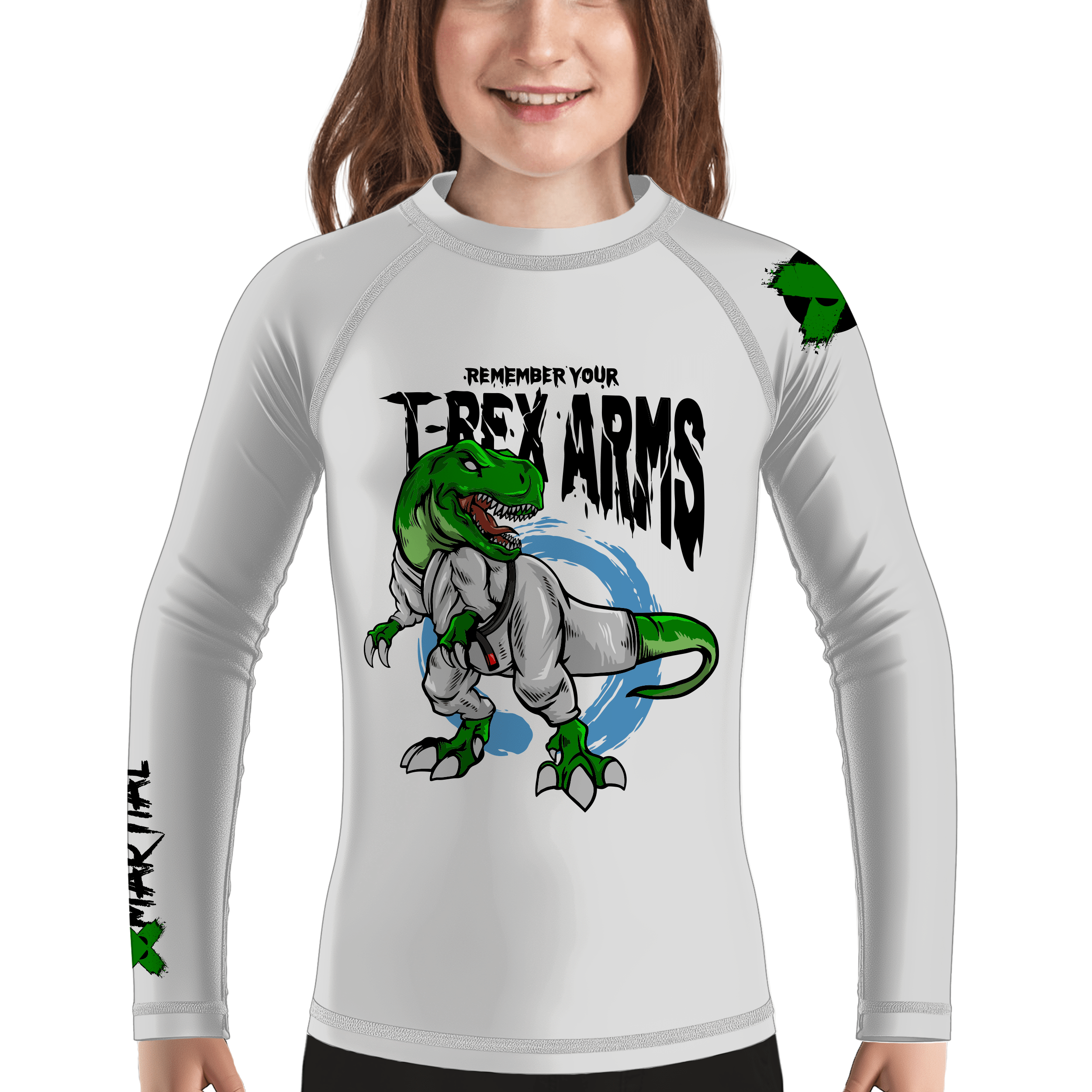T Rex Arms Kids BJJ Rash Guard - Long Sleeve Compression Shirt for Brazilian Jiu-Jitsu Training - Perfect for MMA, Grappling & Martial Arts Practice