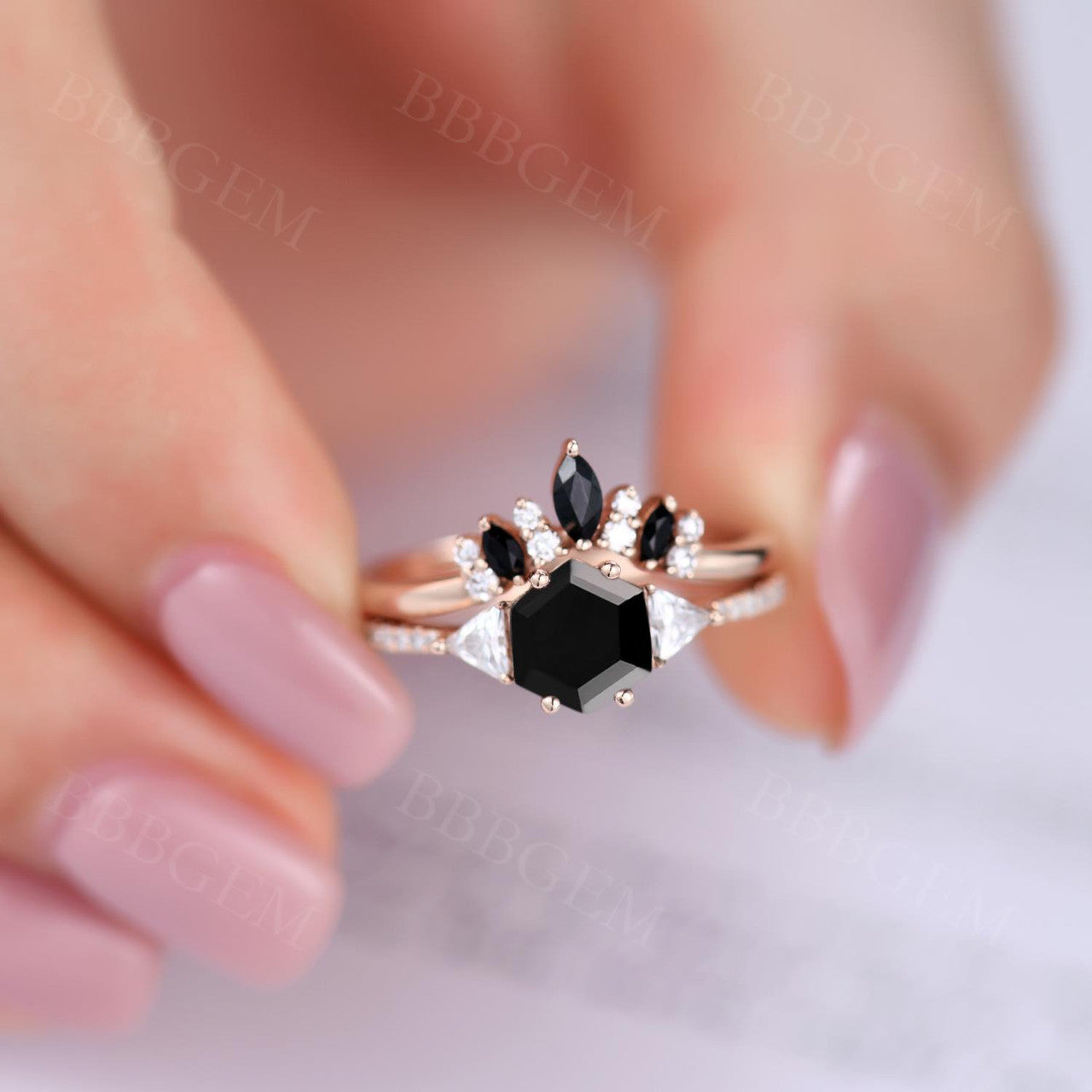 Hexagon Black Onyx Engagement Ring - 3 Stone Moissanite & Onyx Jewelry for Women, Wedding, Anniversary, and Proposal Gifts