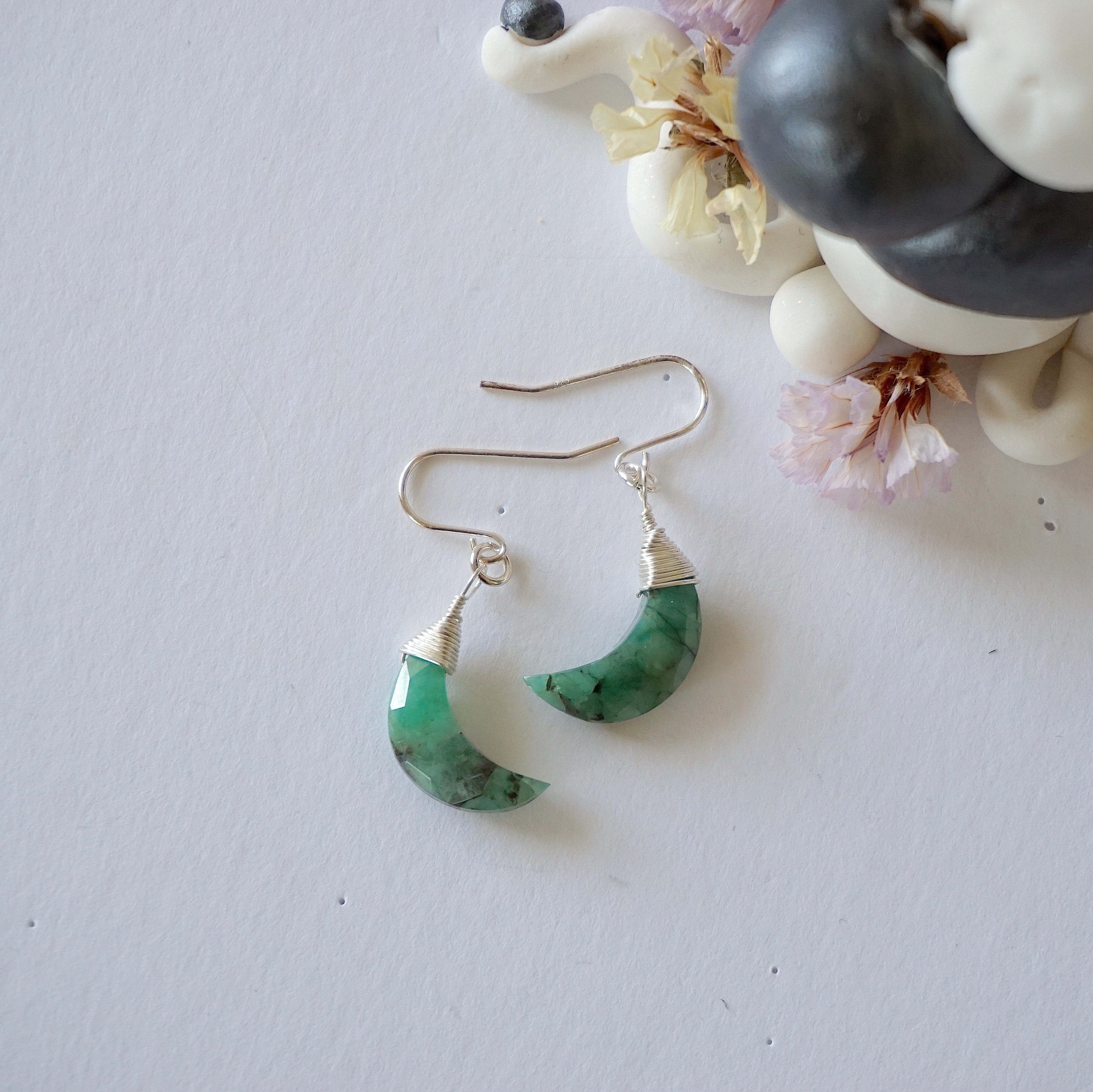 Emerald Moon Drop Earrings - Sterling Silver Dangle Earrings for Women | Perfect for Weddings, Parties & Special Occasions