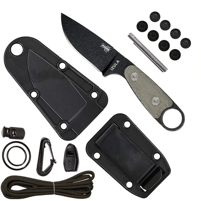 ESEE Izula Fixed Blade Survival Knife - Black Blade, Grey Micarta Handle with Black Sheath & Survival Kit - Outdoor Camping, Hunting, Bushcraft Essential Tool