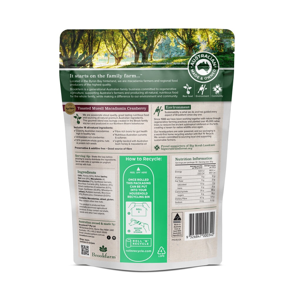 Brookfarm Toasted Macadamia Muesli with Cranberry - Premium Breakfast Cereal with Nuts & Dried Fruits - Perfect for Healthy Morning Meals & Snacks