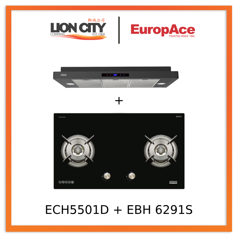 Europace ECH5501DBK 90cm Slimline Range Hood + EBH6291S 2-Burner 90cm Gas Cooktop with Schott Glass - Perfect for Modern Kitchens & Open-Plan Living Spaces