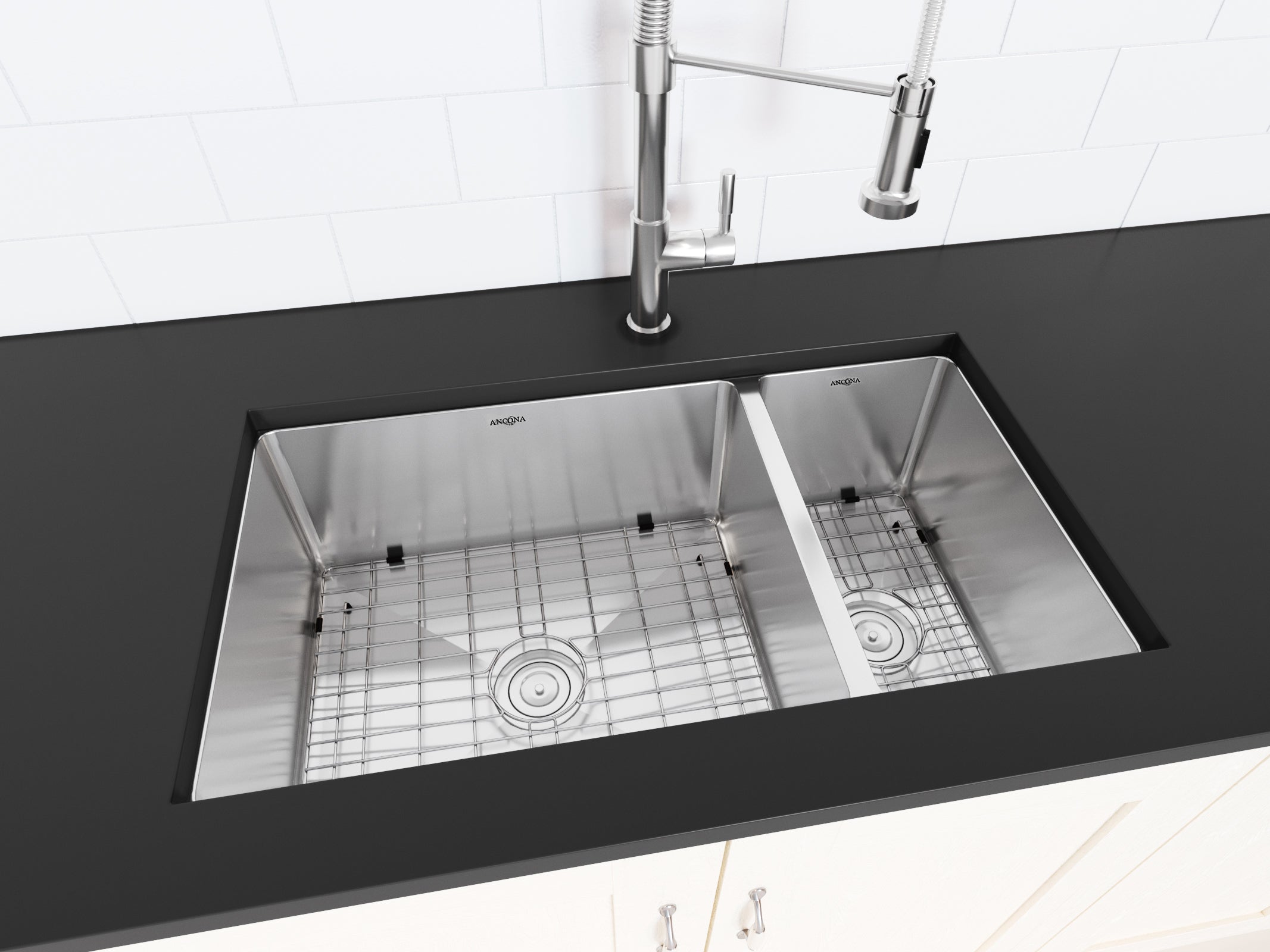 Prestige Series 32-Inch Undermount Stainless Steel 70/30 Double Bowl Kitchen Sink - Satin Finish with Drain Grids & Strainers - Perfect for Modern Kitchens & Heavy-Duty Cooking