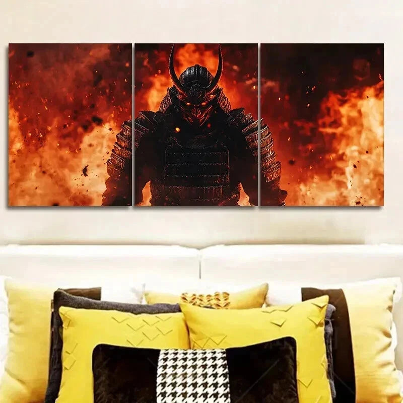 Crimson Warrior with Black Horns Wall Art Set - 3pcs Framed Canvas 50x70cm, High Quality Print | 100% Australian Made | Ready to Hang | Perfect for Living Room, Bedroom, or Office Decor