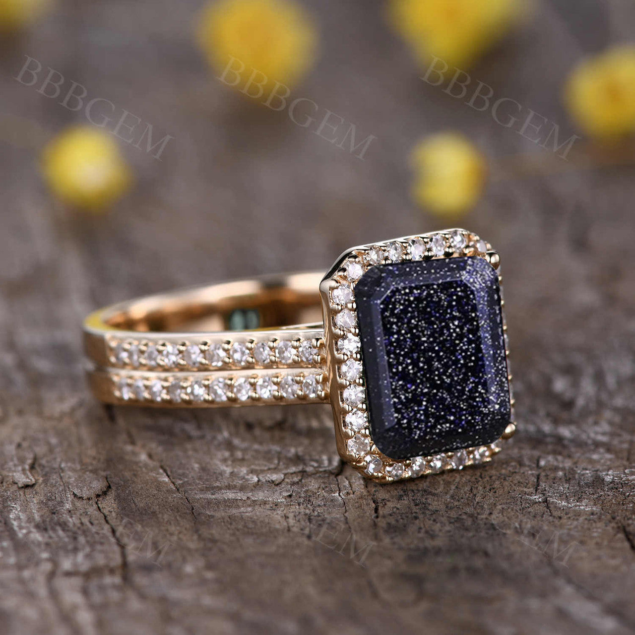 8x10mm Emerald Cut Yellow Gold Blue Sandstone Diamond Halo Ring for Women - Elegant Wedding, Engagement & Anniversary Jewelry Gift