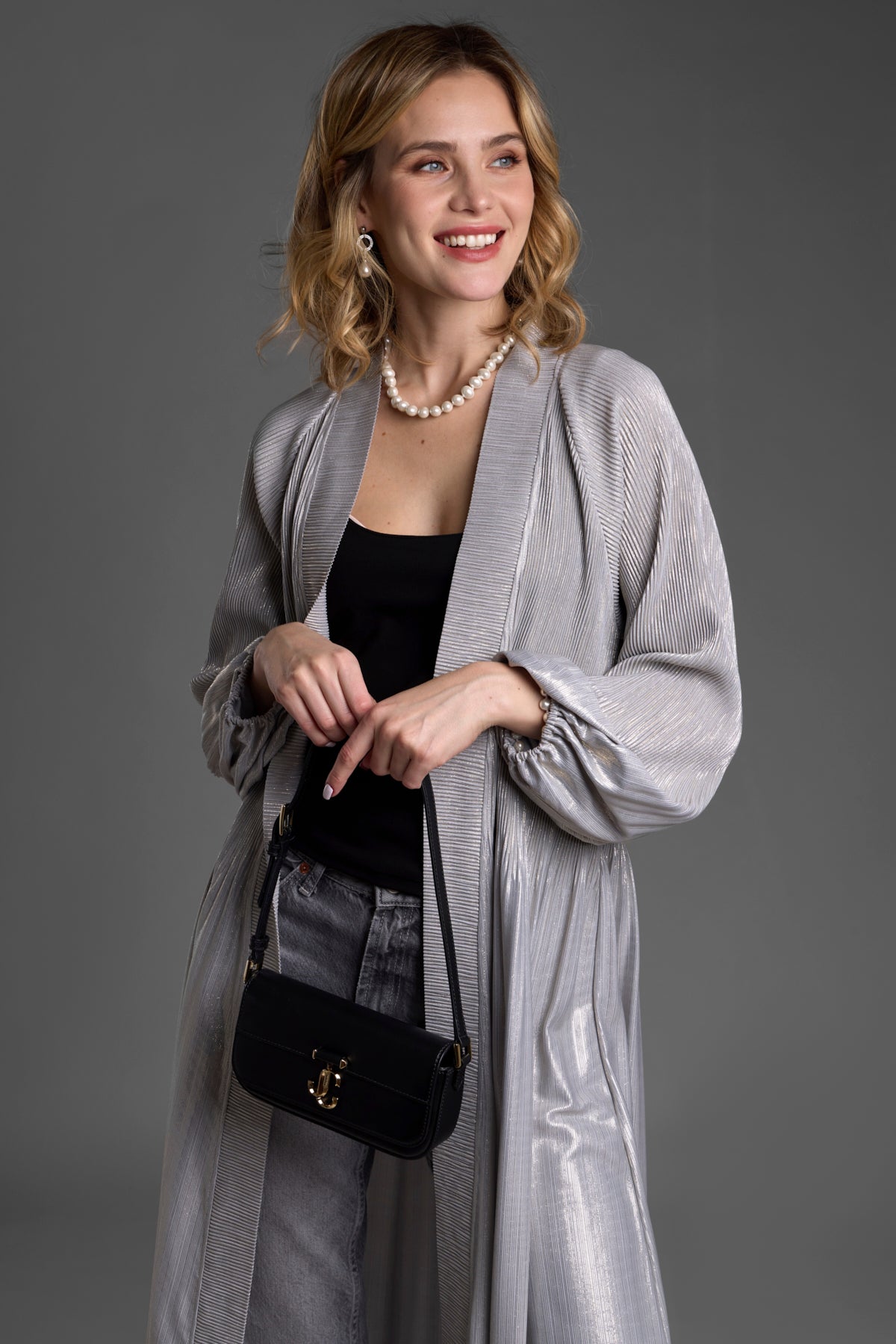 Elegant Metallic Pleated Duster Coat for Women - Shiny Long Trench Coat with Belt - Perfect for Office, Evening Parties & Special Occasions