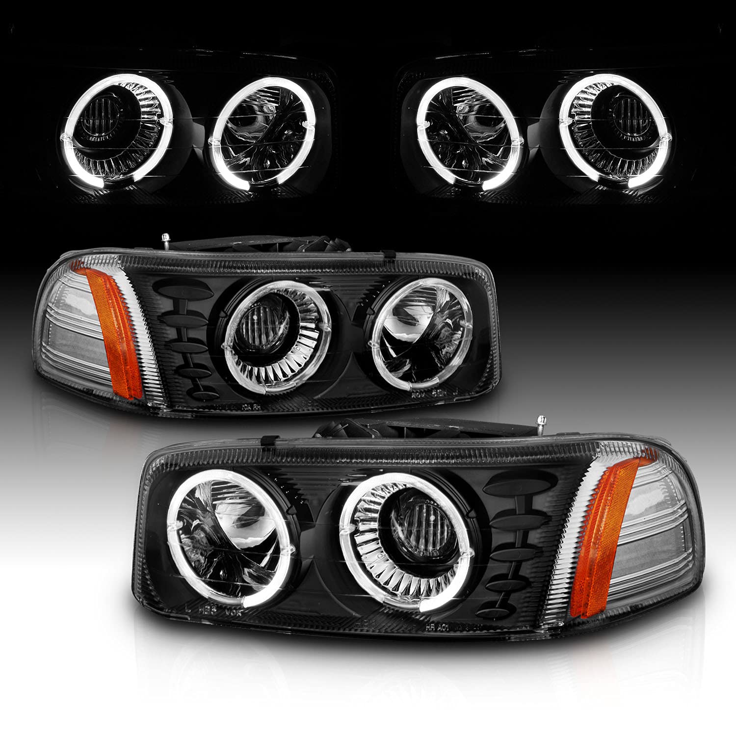 AmeriLite GMC 99-07 Sierra & 00-06 Yukon Dual LED Halo Ring Crystal Black Projector Headlights - Pair for Passenger & Driver Side | Enhanced Night Visibility & Stylish Upgrade for Trucks & SUVs