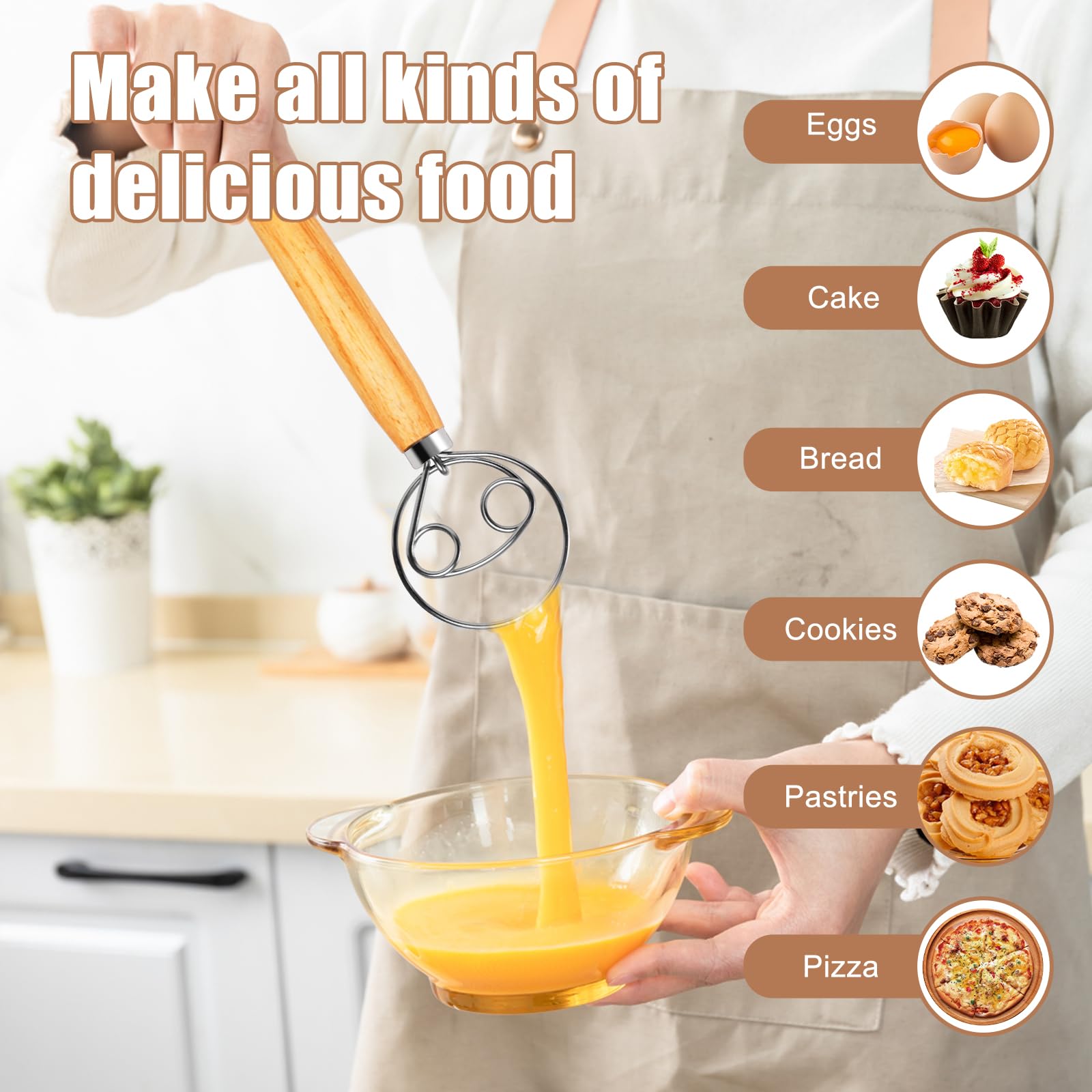 Premium Stainless Steel Danish Dough Whisk - 13 Inch Large Bread Mixer for Baking, Traditional Dutch Style Whisking Tool with Cleaning Brush - Perfect for Homemade Bread, Pizza Dough & Pastry Making