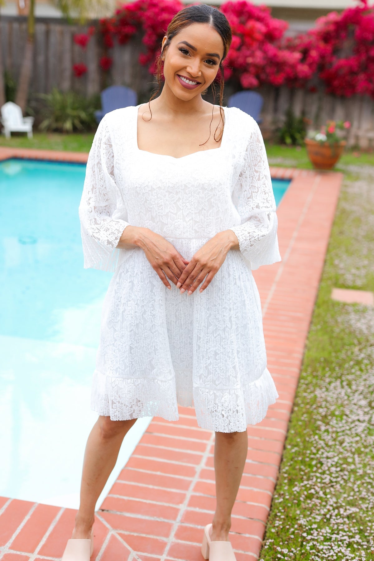 Elegant White Accordion Pleated Lace Square Neck Dress for Women | Vintage Inspired Party & Wedding Guest Outfit | Perfect for Cocktail Events, Bridal Showers & Formal Occasions