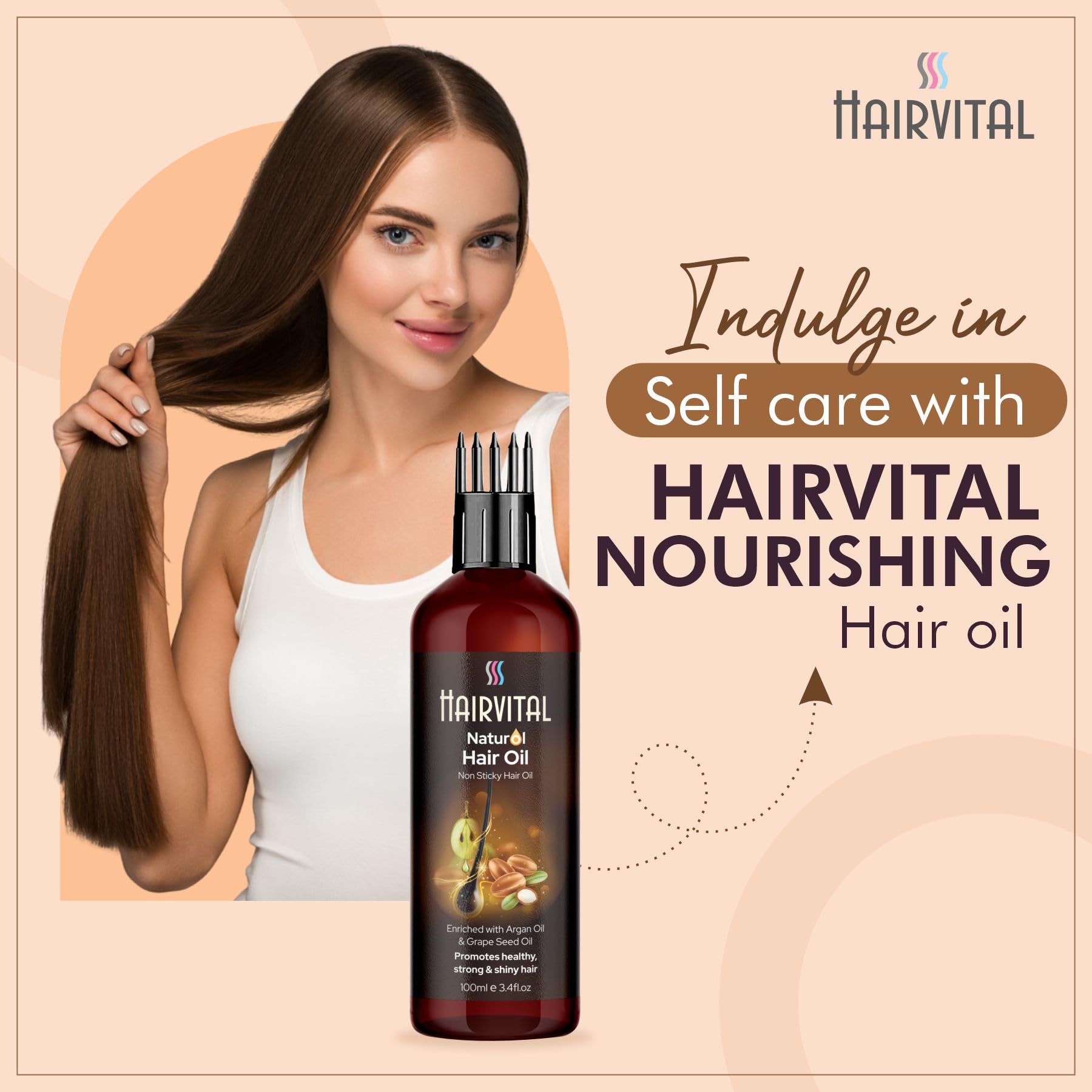 Hairvital Non-Sticky Natural Hair Oil with Comb Applicator - Enriched with Argan Oil & Grapeseed Oil for Dry, Frizzy Hair - Hydrates, Reduces Hair Loss - 100ml - Perfect for Daily Hair Care & Styling